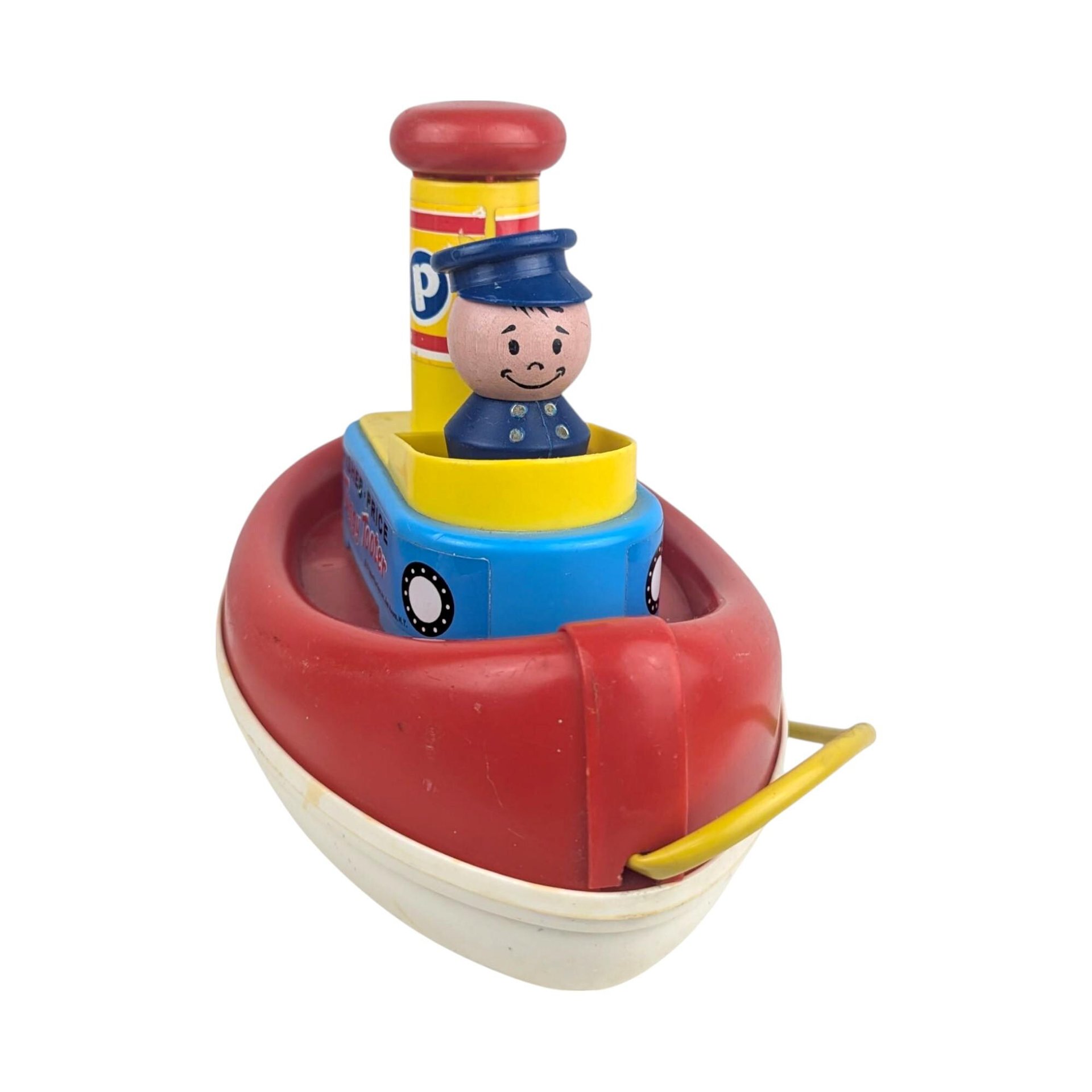 Vintage 1967 Fisher Price Tuggy Tooter Pull Toy #722, Wooden Captain Boat with Tooting Sound, Classic Nursery Decor Toy