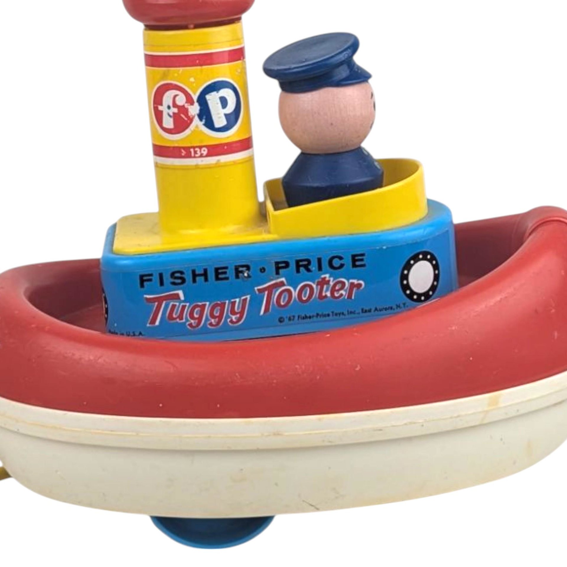Vintage 1967 Fisher Price Tuggy Tooter Pull Toy #722, Wooden Captain Boat with Tooting Sound, Classic Nursery Decor Toy