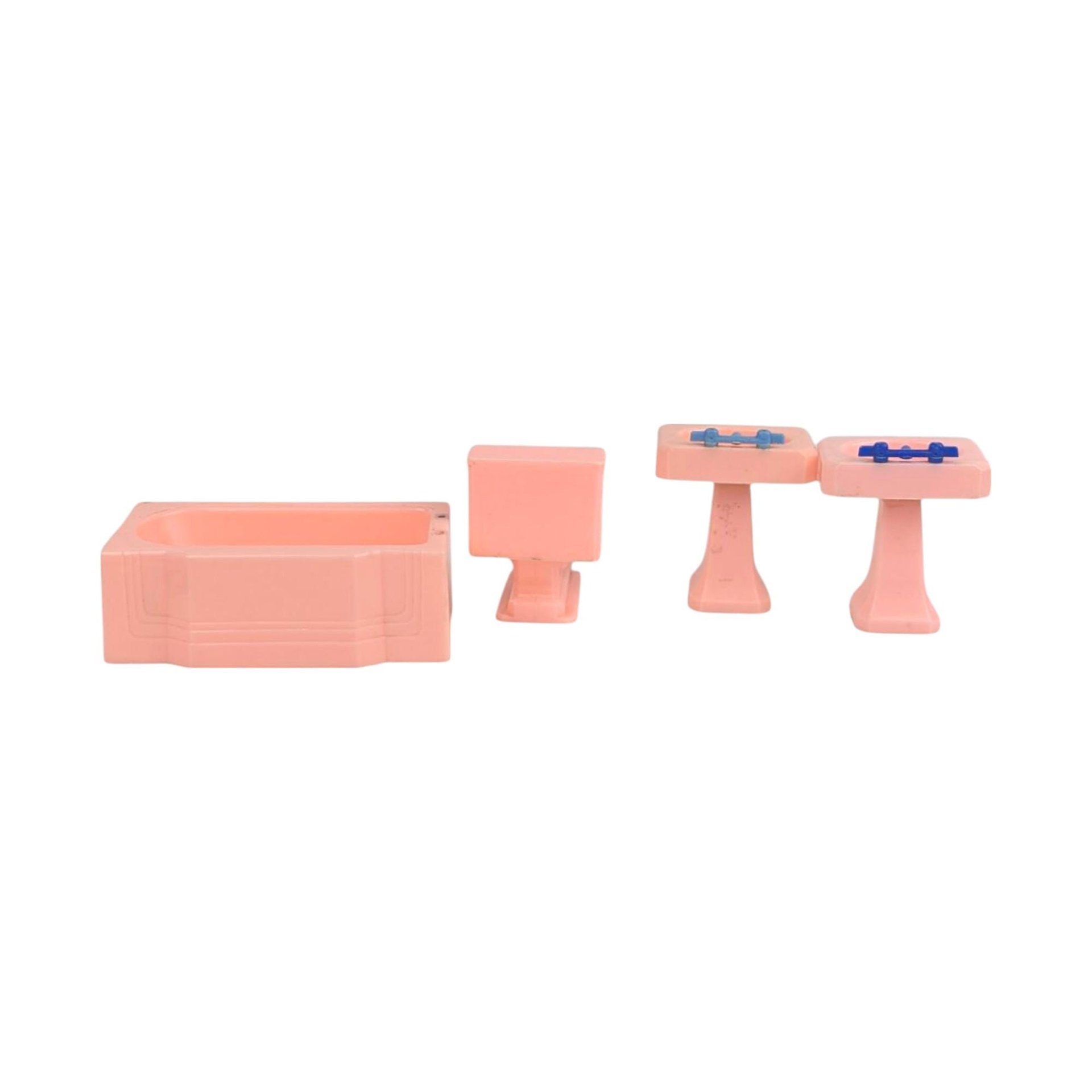 Vintage Renwal Dollhouse Bathroom Furniture, 1950s Pink Plastic Bathtub and Sinks Set, 1:16 Scale Miniature for Doll House