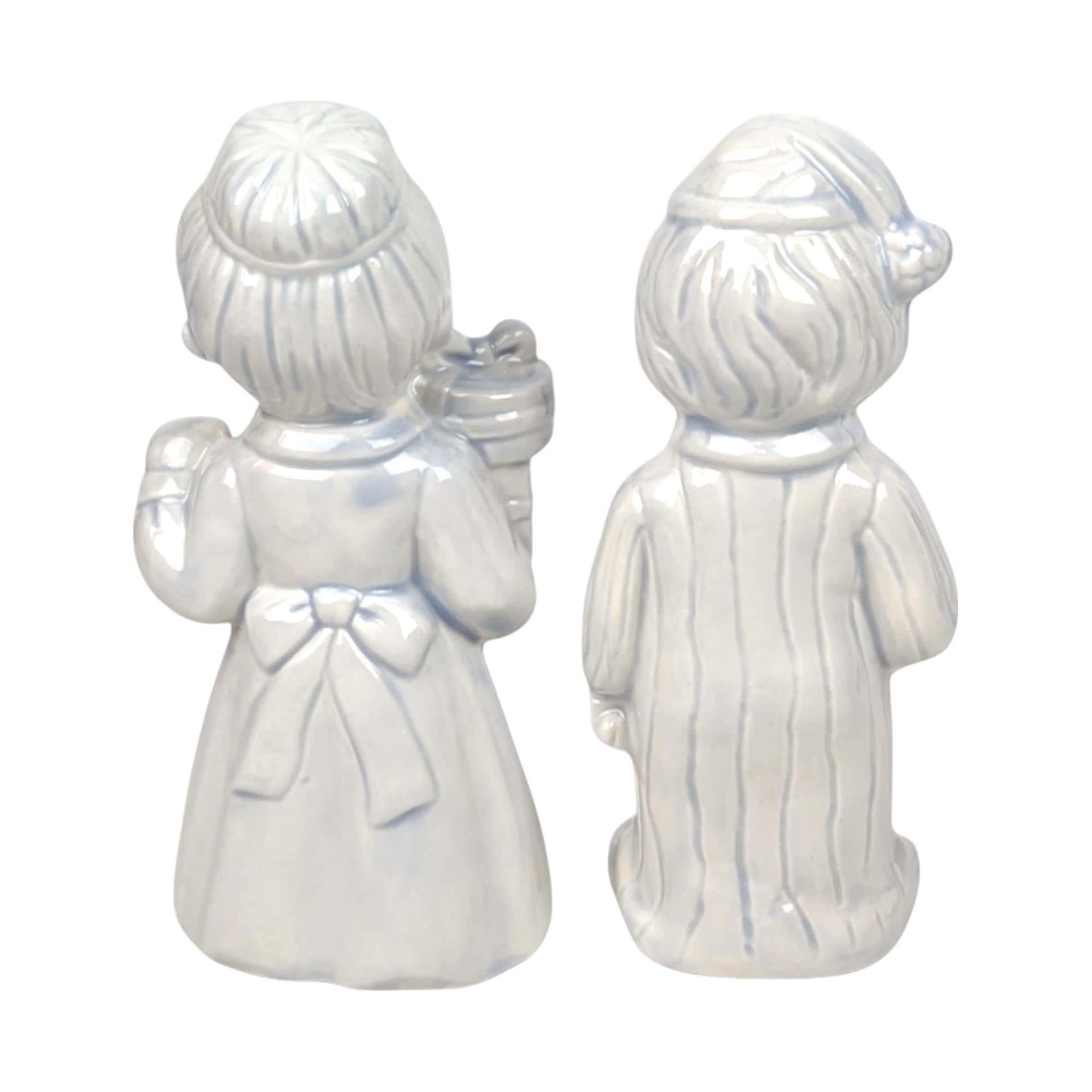 Pair of Vintage Ceramic Christmas Figurines, Man and Woman in Pajamas, Hand-Painted, Blue Tint, 7 Inches