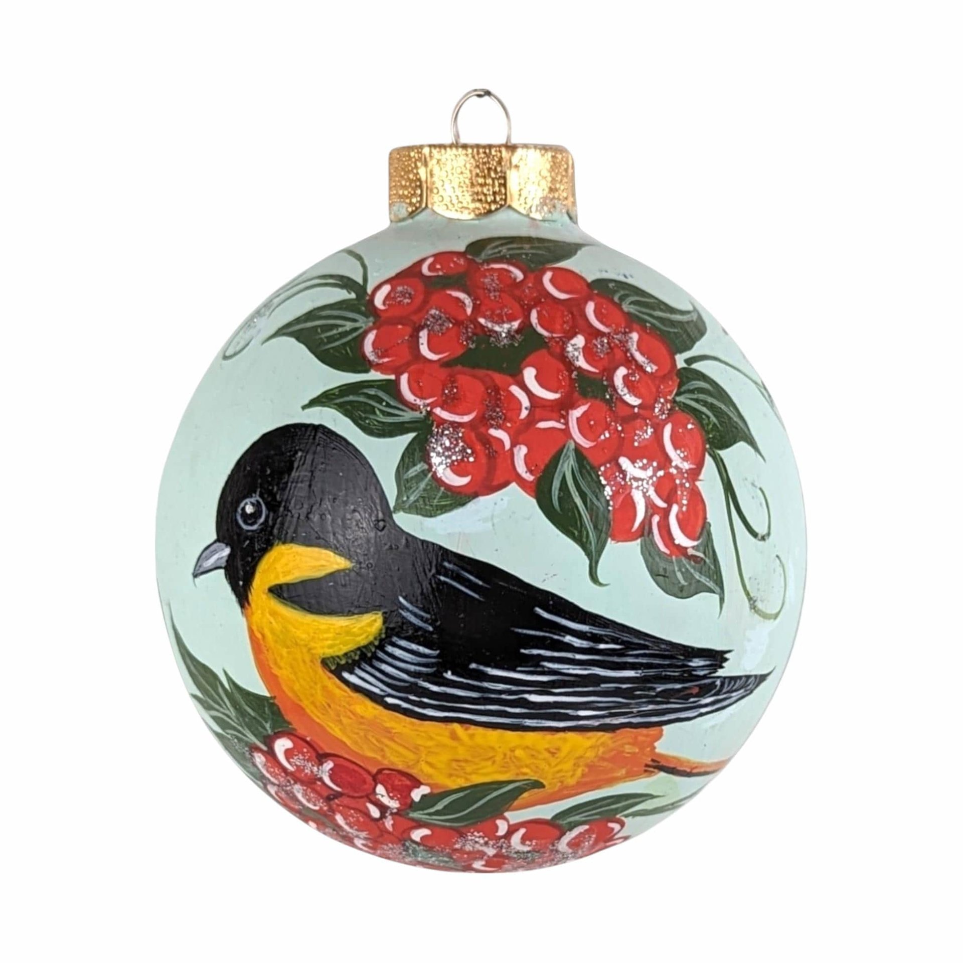 Vintage Hand Painted Glass Bird Ornament: Baltimore Oriole & Red Berries