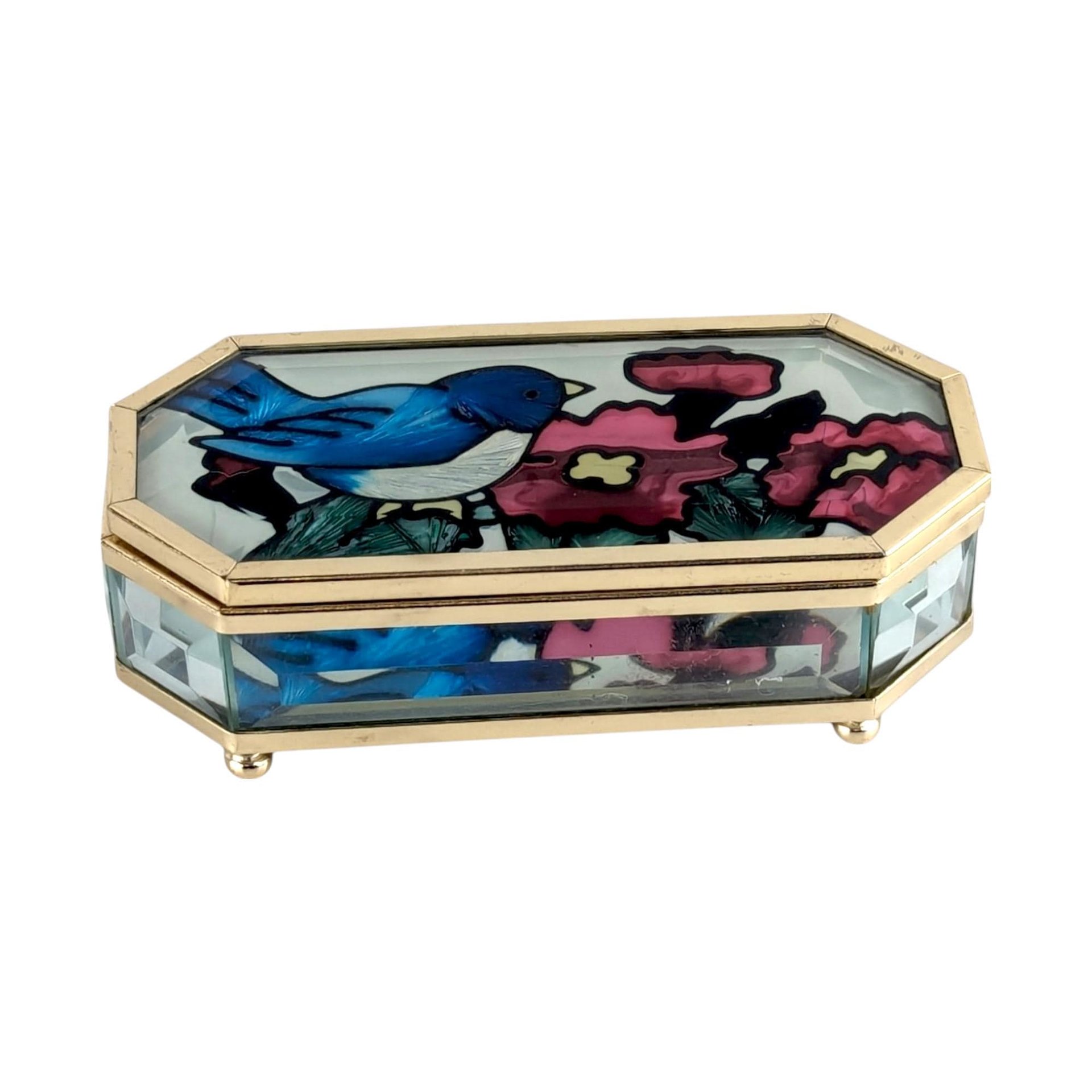 Vintage Joan Baker Designs Jewelry Box, Hand Painted Glass Trinket Box, Bluebird and Flowers, Collectible Box, Gift for Her