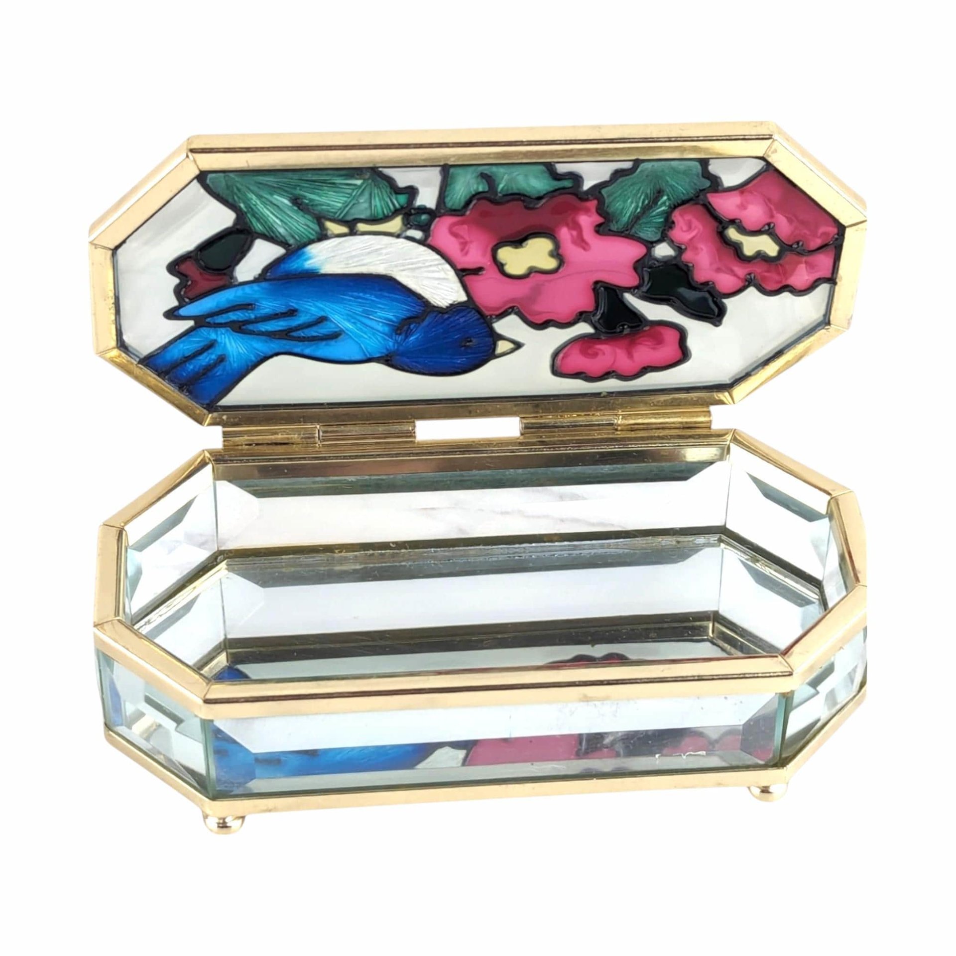 Vintage Joan Baker Designs Jewelry Box, Hand Painted Glass Trinket Box, Bluebird and Flowers, Collectible Box, Gift for Her