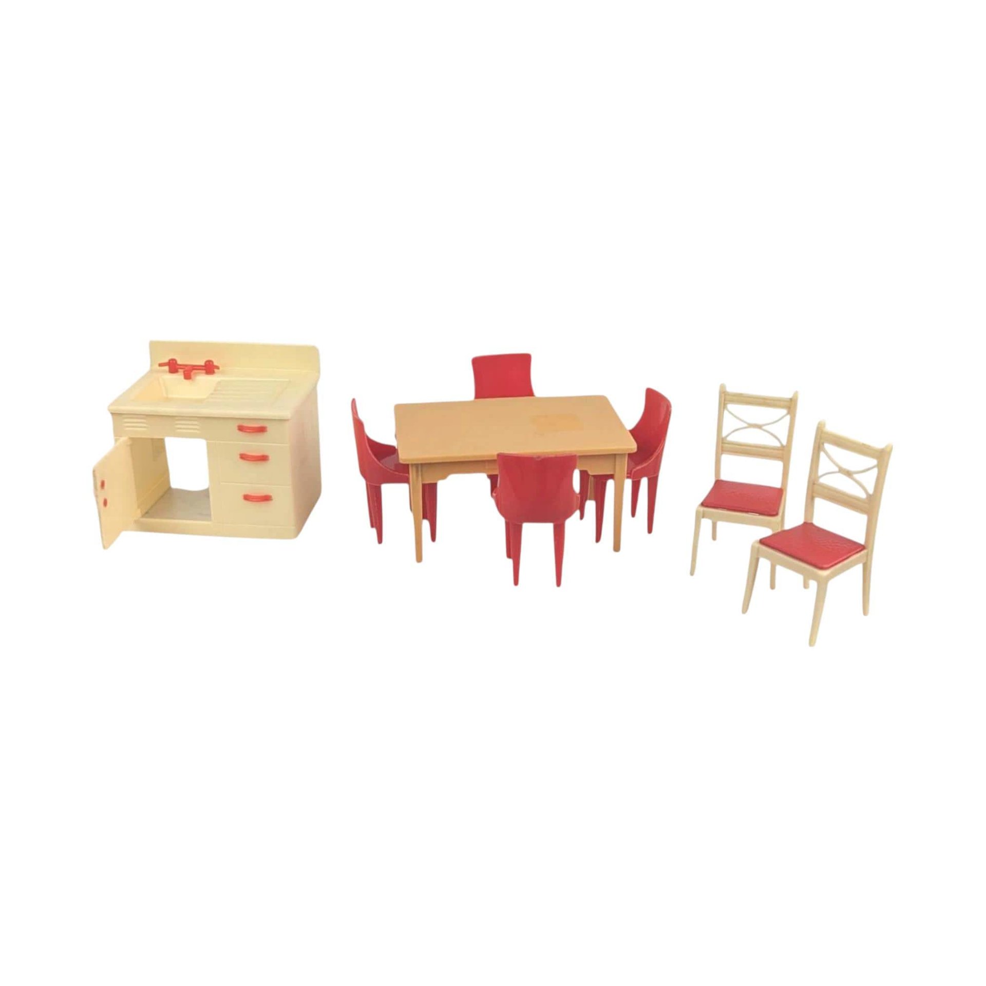 Vintage Renwal Dollhouse Furniture Set, 1:16 Scale Mid-Century Kitchen Sink, Table, and Chairs, Miniature Collector Toy, Diorama Supply