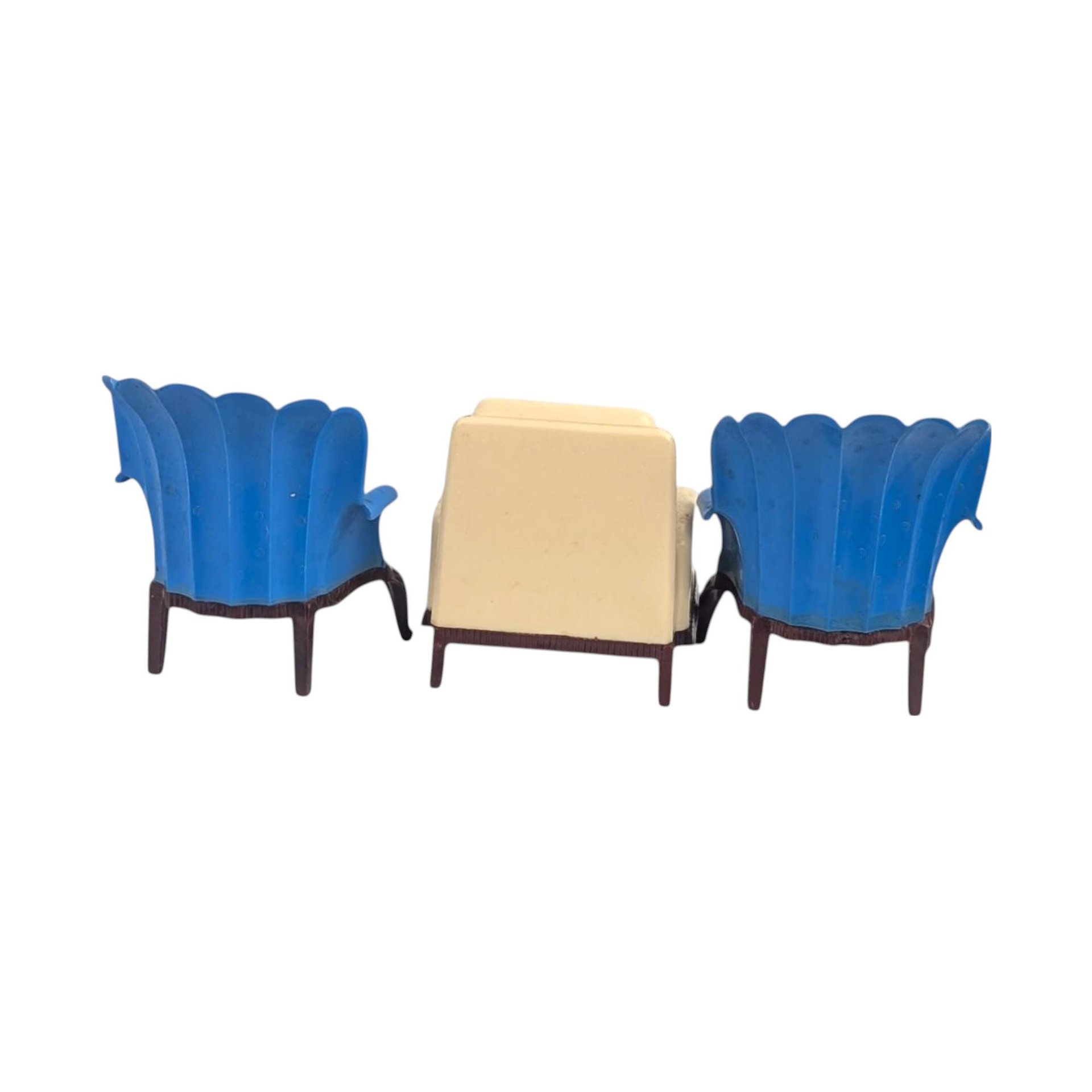 Vintage Renwal Dollhouse Chairs, Set of 3, 1:16 Scale Living Room Furniture, Blue Shell Back & Lawson Armchair, Collector Toy