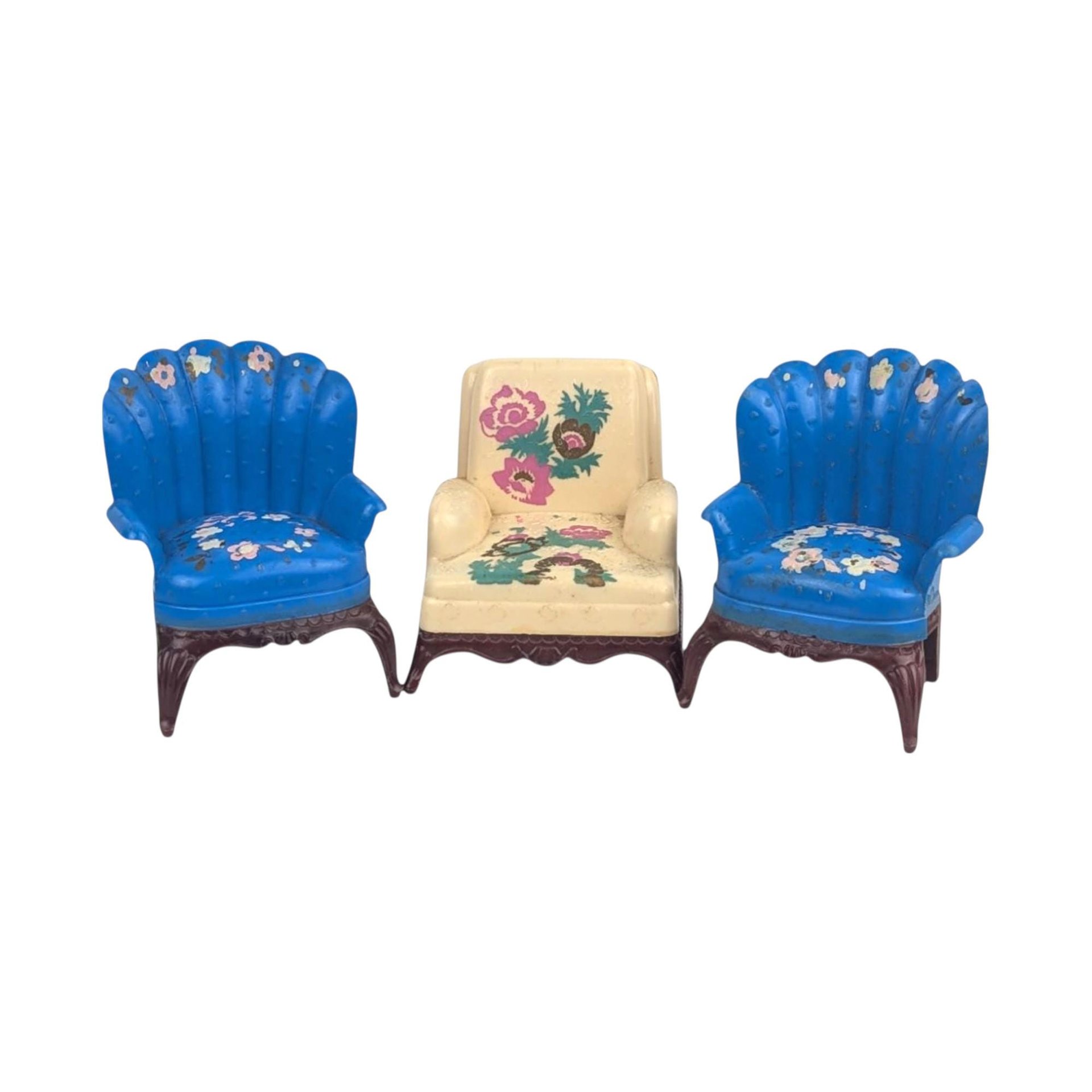 Vintage Renwal Dollhouse Chairs, Set of 3, 1:16 Scale Living Room Furniture, Blue Shell Back & Lawson Armchair, Collector Toy