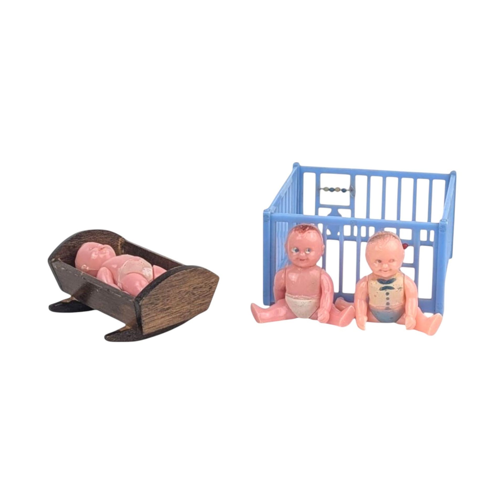 Vintage Dollhouse Nursery Set, 1:16 Scale Renwal Playpen, Wooden Cradle, 3 Miniature Babies, 1950s Doll House Accessory Lot