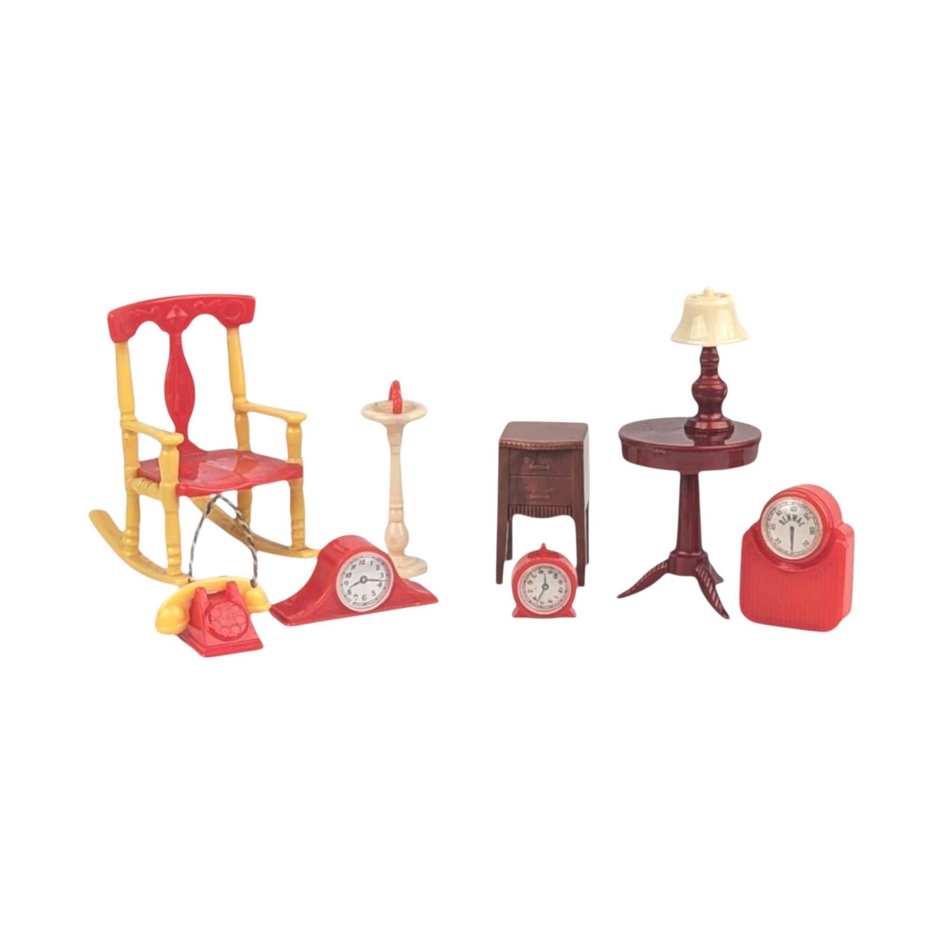 Vintage Dollhouse Accessory Lot, 9pc Renwal & Ideal, Rocking Chair Telephone Clocks, 1:16 Scale Miniature Furniture