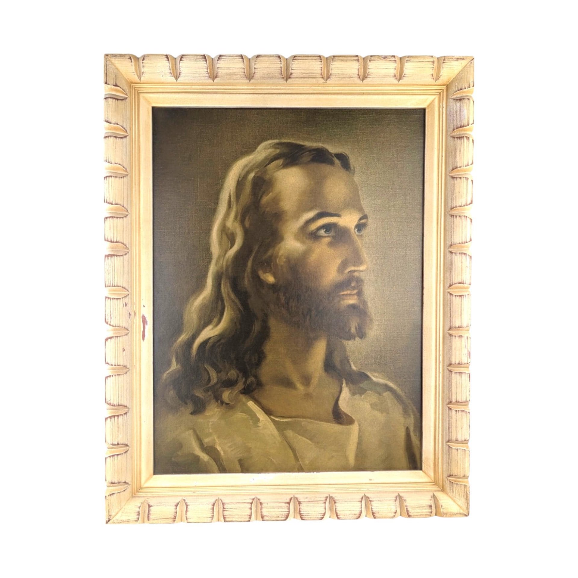 Vintage Sallman's Head of Christ Lithograph, Framed Religious Art, 19x15", Distressed Wood Frame, Gift for Christian, Home Decor