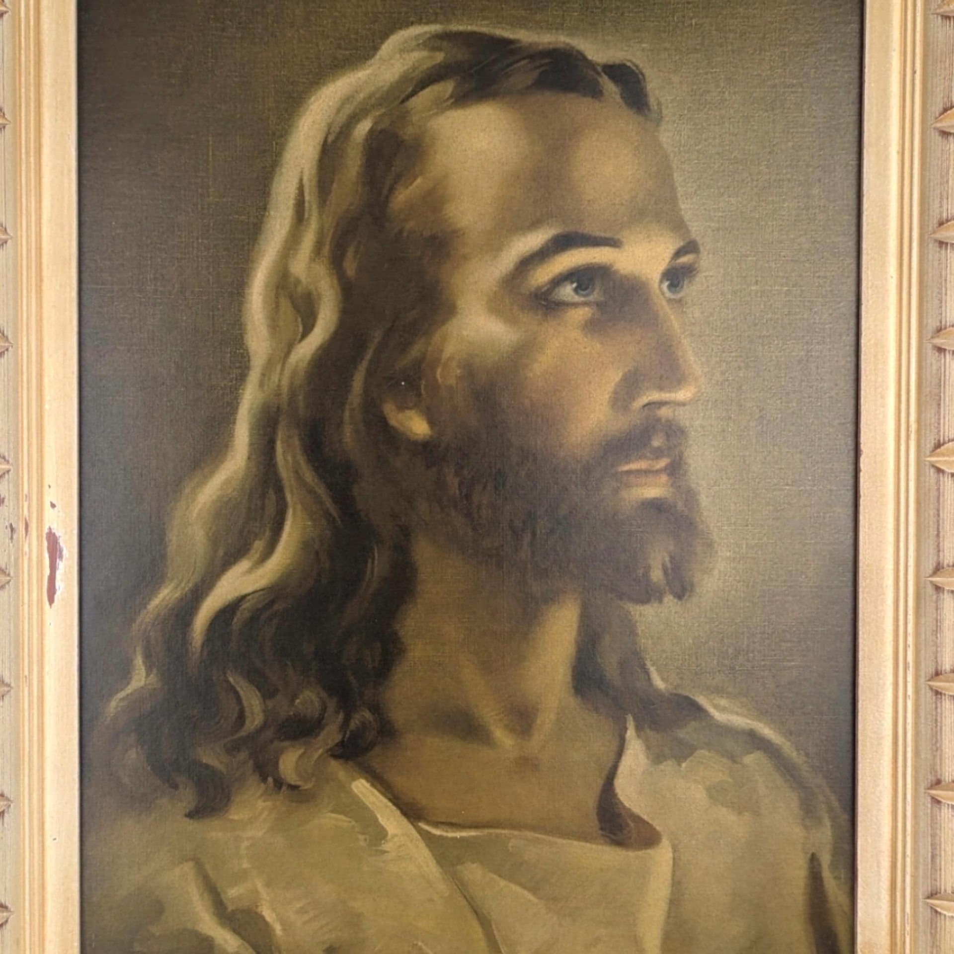Vintage Sallman's Head of Christ Lithograph, Framed Religious Art, 19x15", Distressed Wood Frame, Gift for Christian, Home Decor
