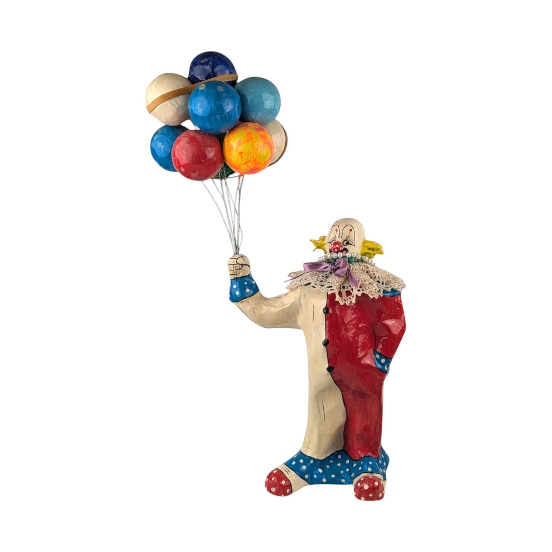 Vintage Paper Mache Clown Figure with Balloons, 16" Tall, Whimsical Decor, Collectible Clown, Gift for Clown Collectors, Carnival Decor