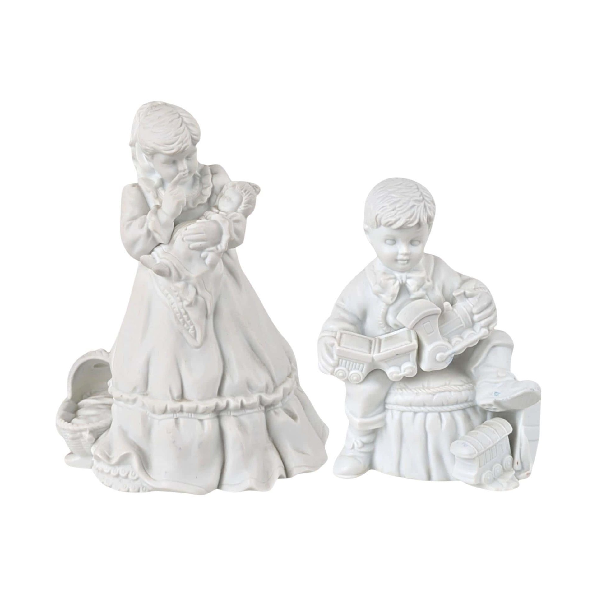 Vintage Dept 56 Christmas Presents Figurine Set, Boy with Train, Girl with Doll, Winter Silhouette, Holiday Decor, Christmas Gift