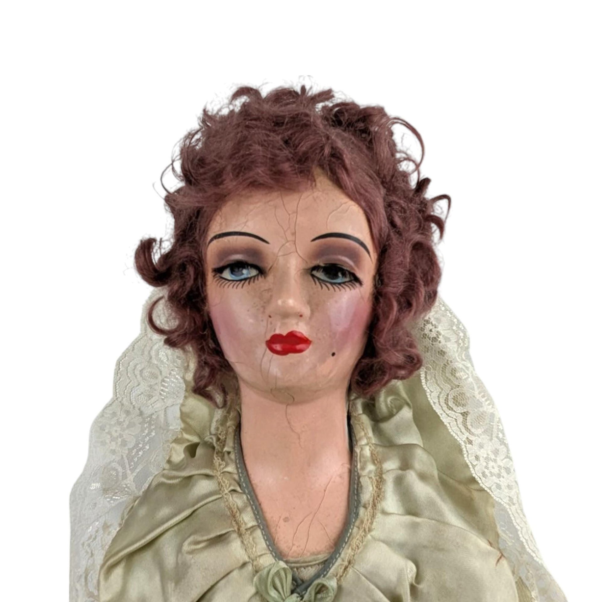 Antique Bed Doll - 27" Boudoir Doll in Light Green Dress - Vintage Doll with Character - Shabby Chic Decor - Collector's Item