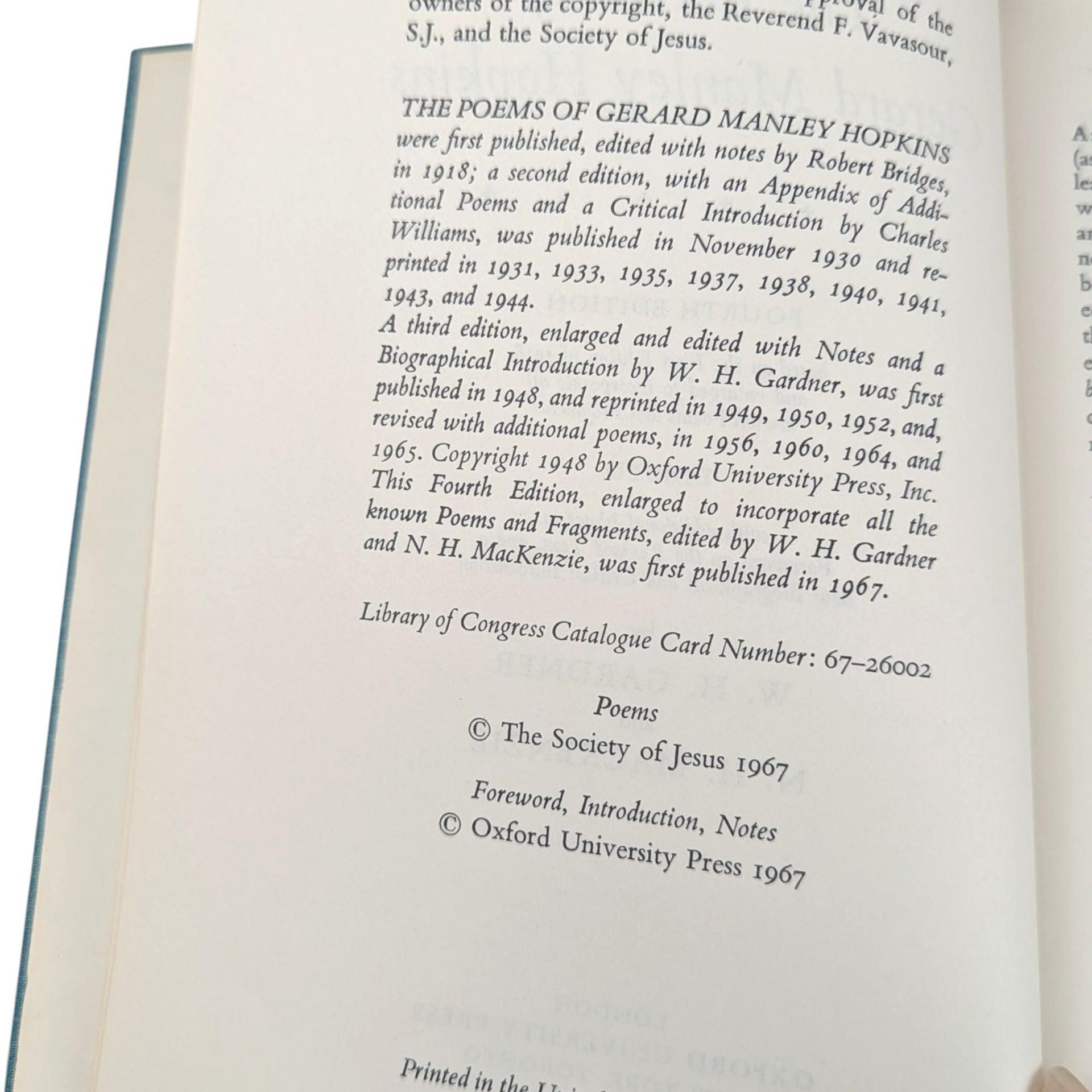 The Poems of Gerard Manley Hopkins 1967 Hardcover Book, Fourth Edition Oxford University Press, Vintage Victorian Poetry