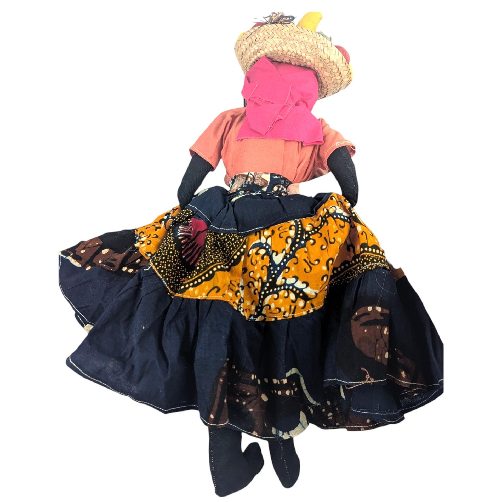 Vintage 17" Jamaican Folk Art Doll with Handcrafted Fabric Dress, Straw Hat, Collectible Caribbean Souvenir, Gift for Doll Collectors