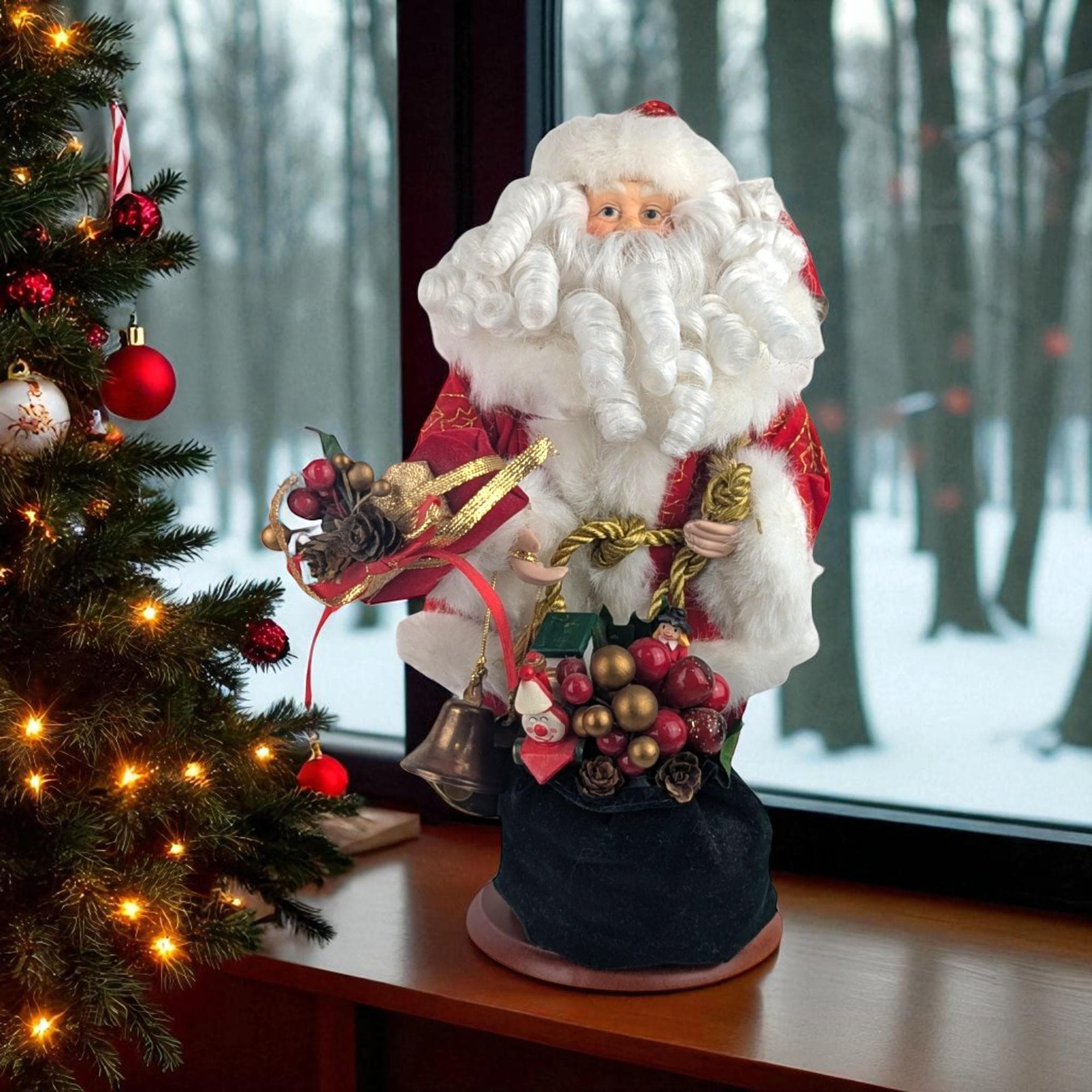 Vintage Santa with Bag and Bells Figure, 12", Christmas Decor, Holiday Collectible, Gift for Santa Collector