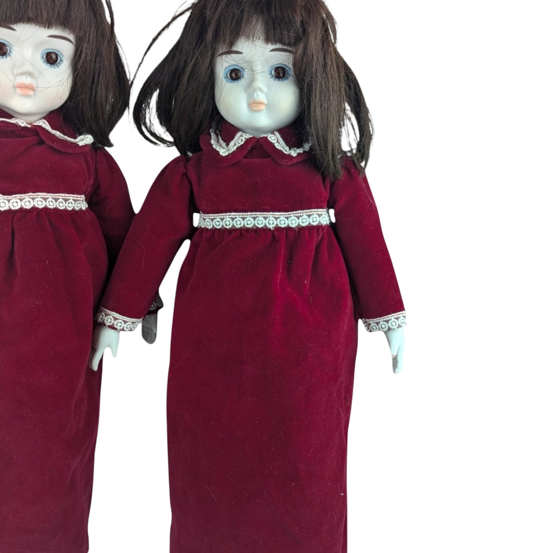 Vintage Commonwealth Happyland Porcelain Doll Pair, 15-16 Inch Victorian Style Dolls, Red Velvet Dresses, Collectible Dolls, Doll Collector