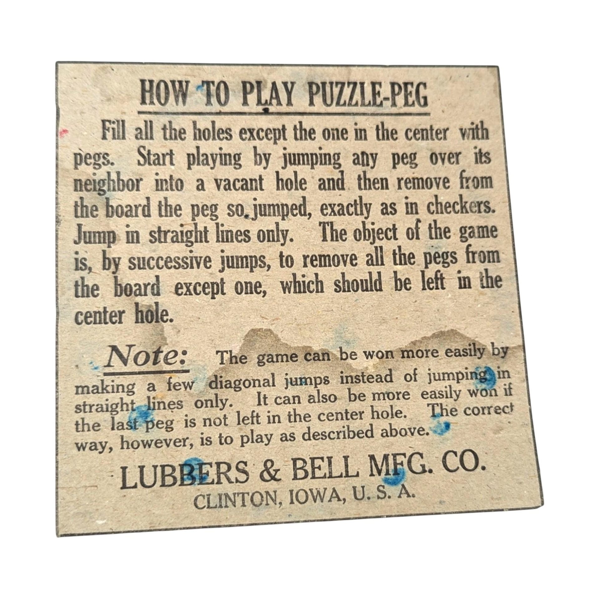 1920s Puzzle Peg Game, Lubbers & Bell, Vintage Educational Game, Brain Teaser, Puzzle Game, Collectible Game, Antique Toy