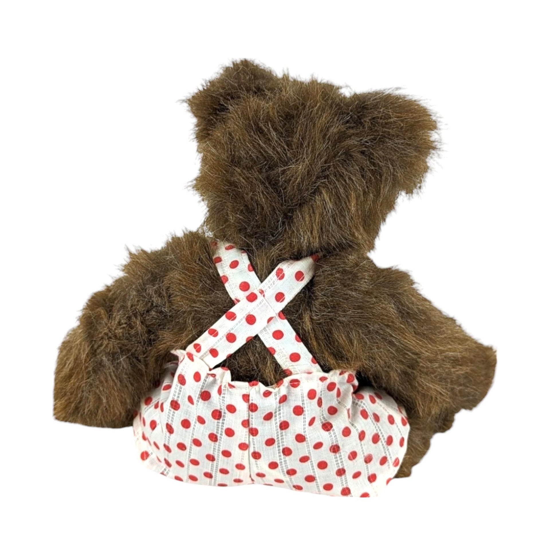 Vintage Brown Plush Teddy Bear, Polka Dot Outfit, Movable Limbs, 11" Tall, Collectible Teddy Bear, Children's Toy, Nursery Decor