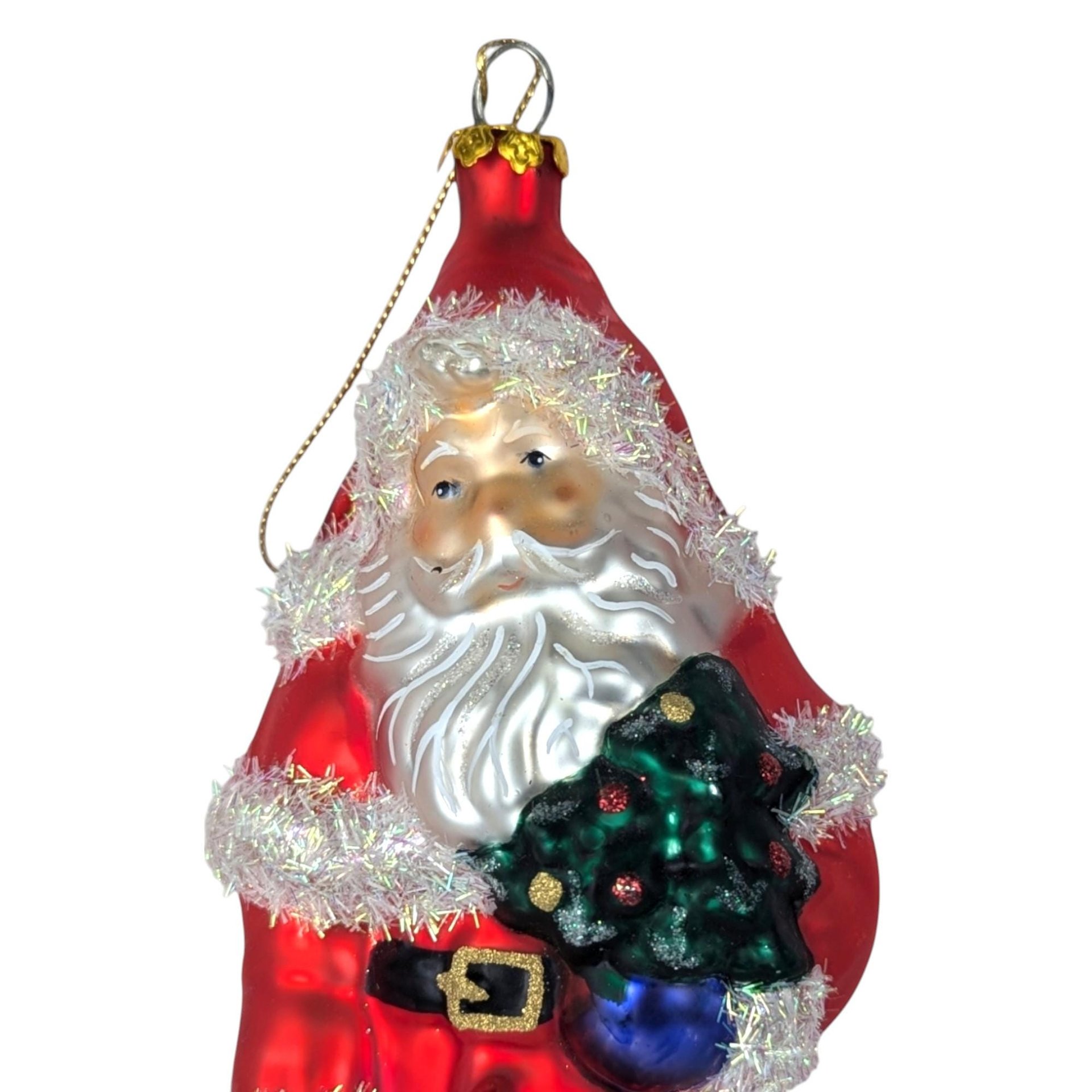 Vintage Large Glass Santa Ornament, Christmas Tree Ornament, Santa with Toys and Puppy, Holiday Decor, Figural Ornament