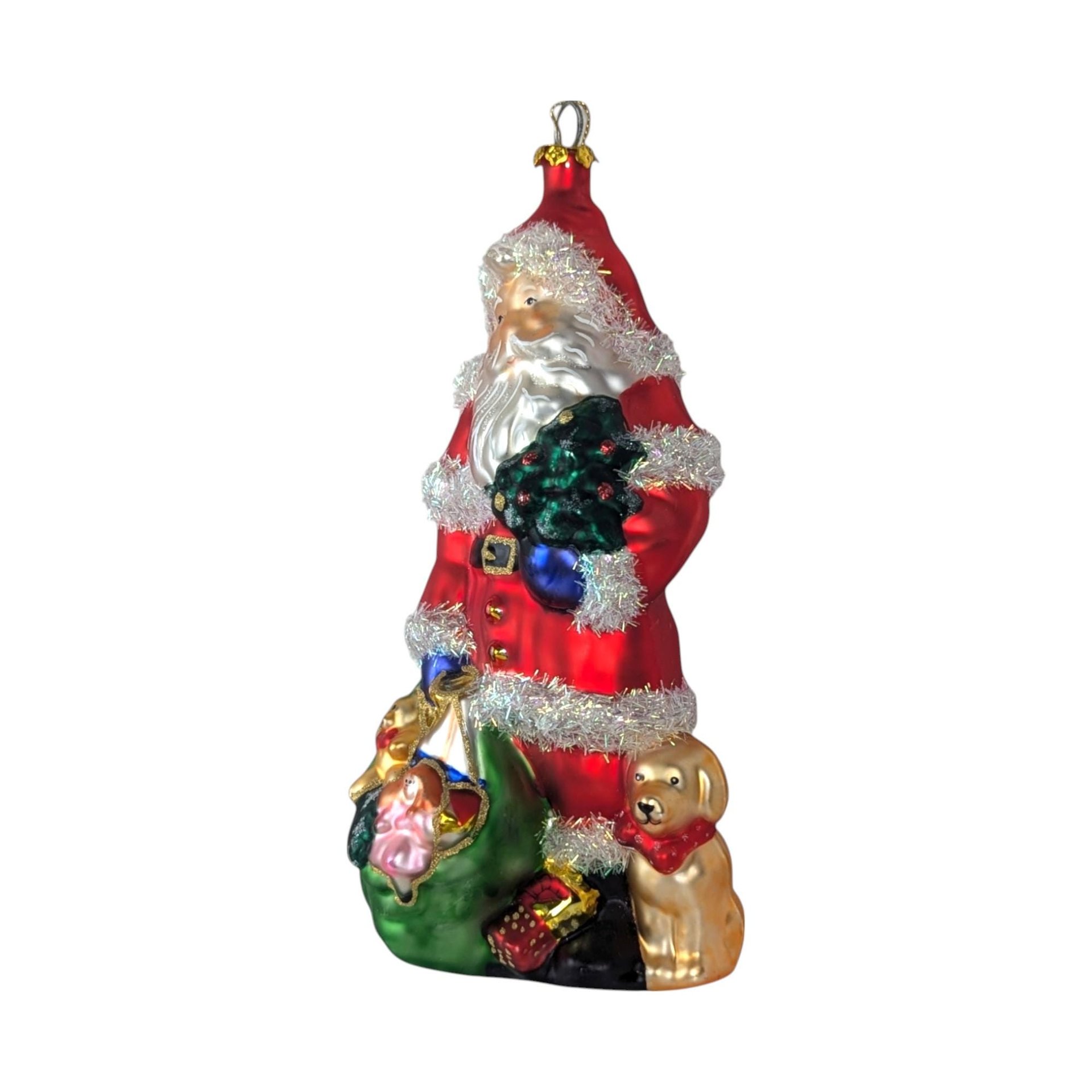 Vintage Large Glass Santa Ornament, Christmas Tree Ornament, Santa with Toys and Puppy, Holiday Decor, Figural Ornament