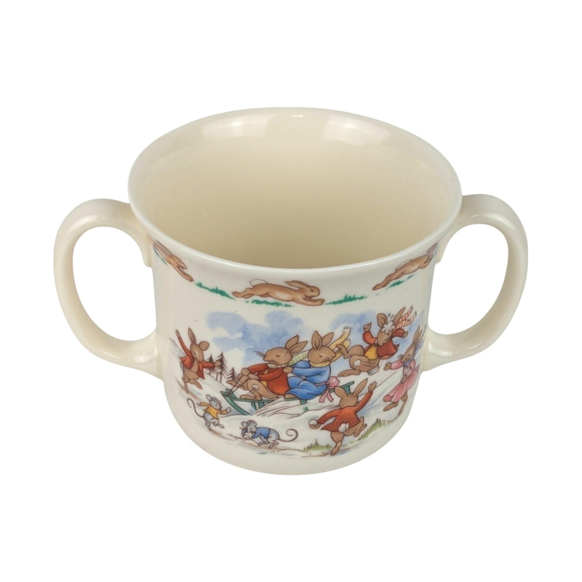 Vintage Royal Doulton Bunnykins Sledding Two Handled Mug, Children's Gift, Collectible Bunnykins Mug, Christening Gift, Nursery Decor