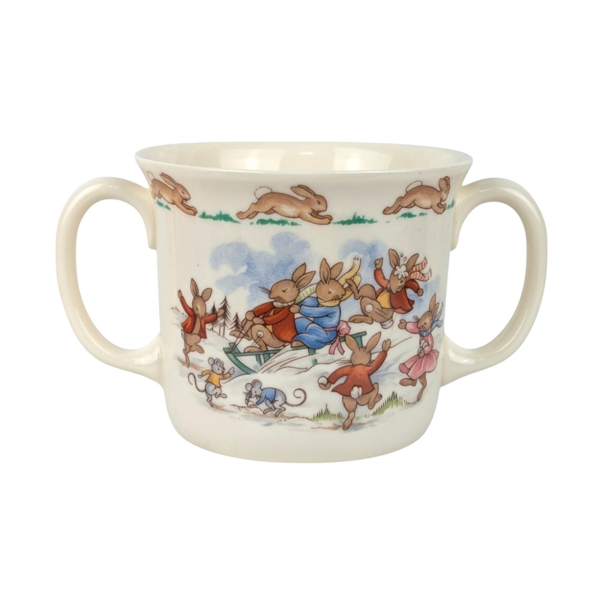 Vintage Royal Doulton Bunnykins Sledding Two Handled Mug, Children's Gift, Collectible Bunnykins Mug, Christening Gift, Nursery Decor
