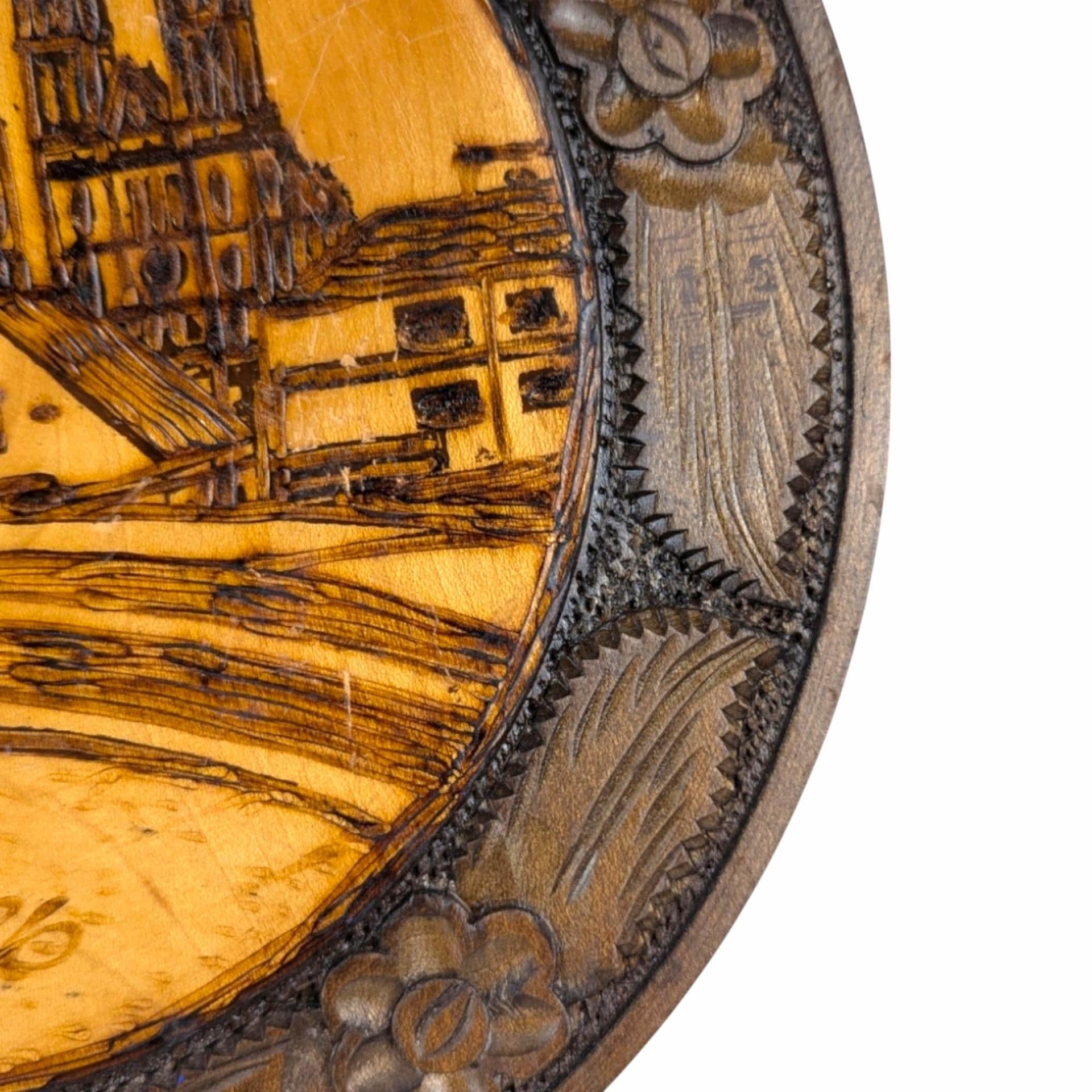 Vintage Carved Wood Burned Romanian Plate, Zagreb Cityscape Wall Decor, Romanian Folk Art, Gift for Collector, Ethnic Decor, 10.25 Inches