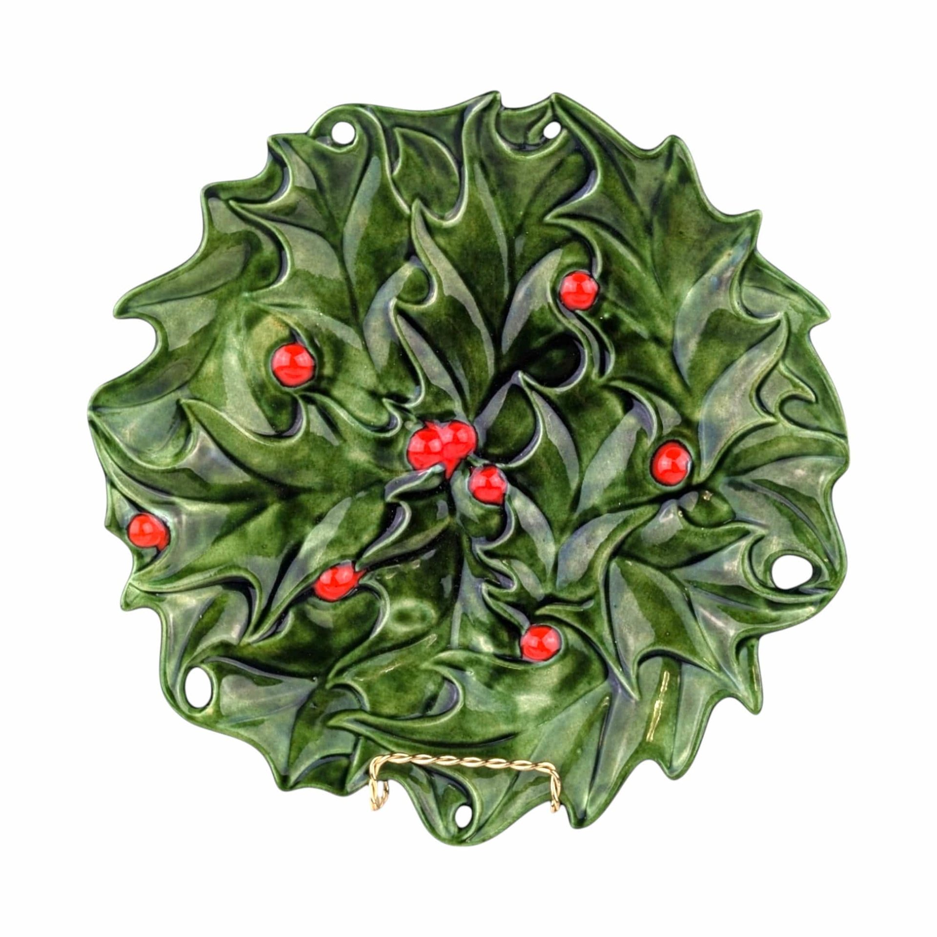Vintage 1973 Atlantic Mold Holly Berry Christmas Plate, Ceramic Holly Plate, Hand-Painted Holiday Decor, Signed "Sue '73"
