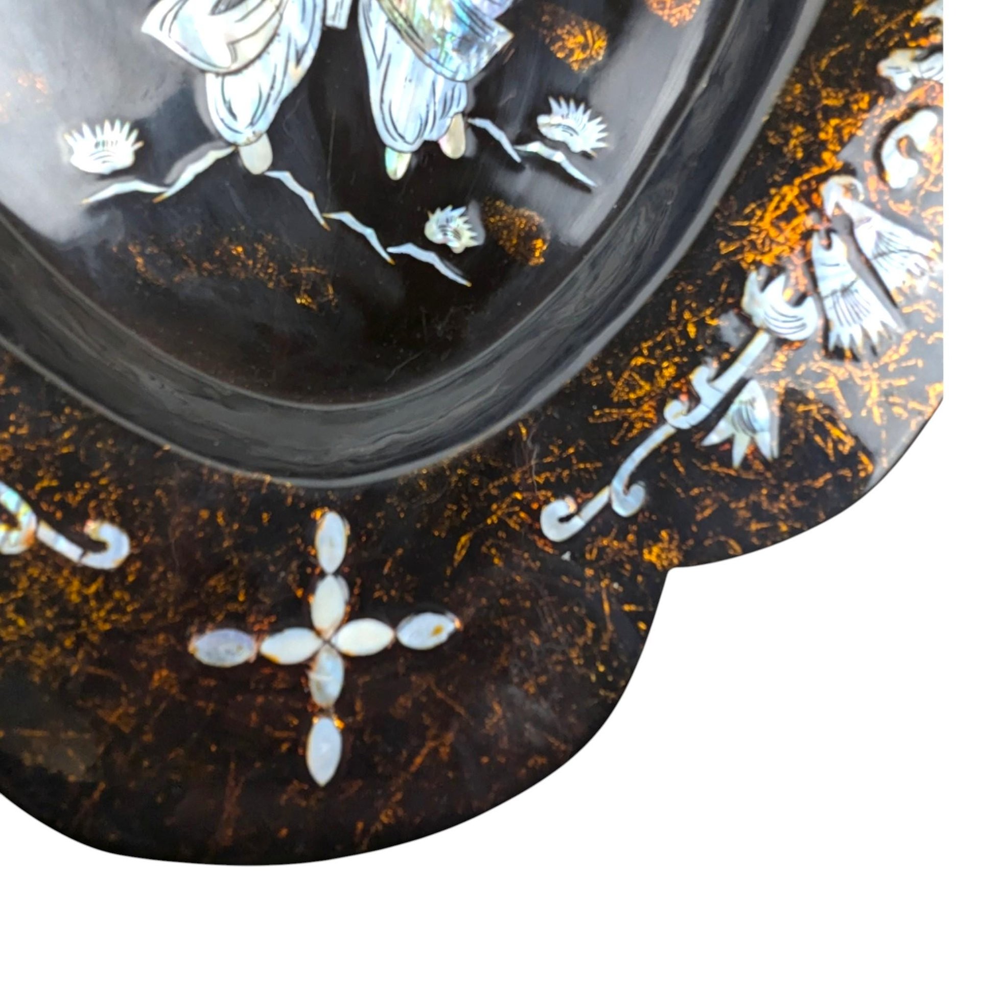 Vintage Black Lacquer Asian Shell Inlaid Wall Hanging, 23.5x16", Mother of Pearl Art, Oriental Decor, Gift for Asian Art Lovers