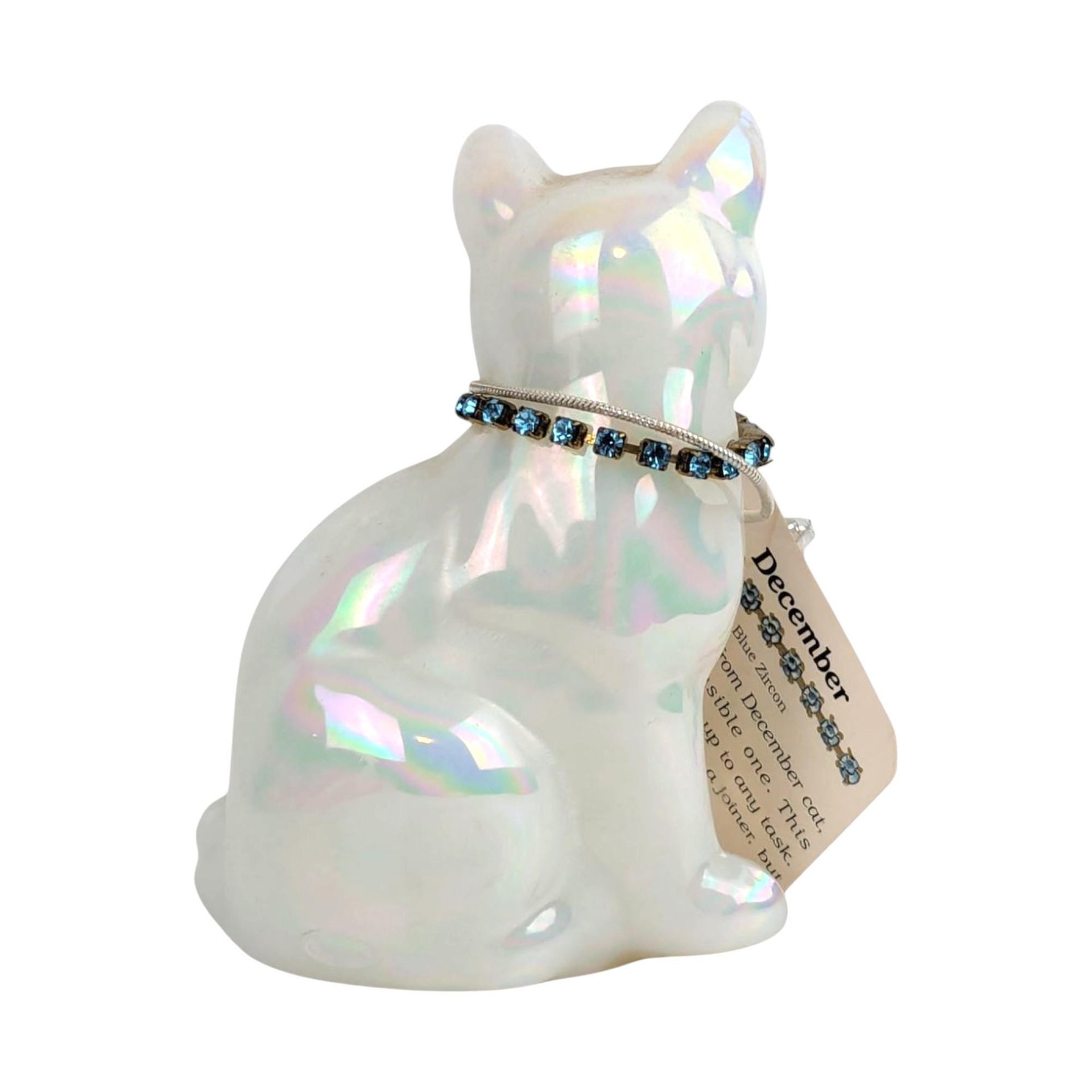 Vintage Signed Fenton December Opalecent Cat Figurine Blue Zircon Collar Collectible Glass Animal Lover Gift