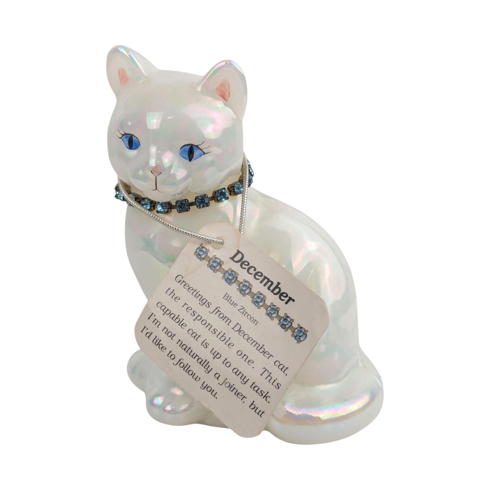 Vintage Signed Fenton December Opalecent Cat Figurine Blue Zircon Collar Collectible Glass Animal Lover Gift