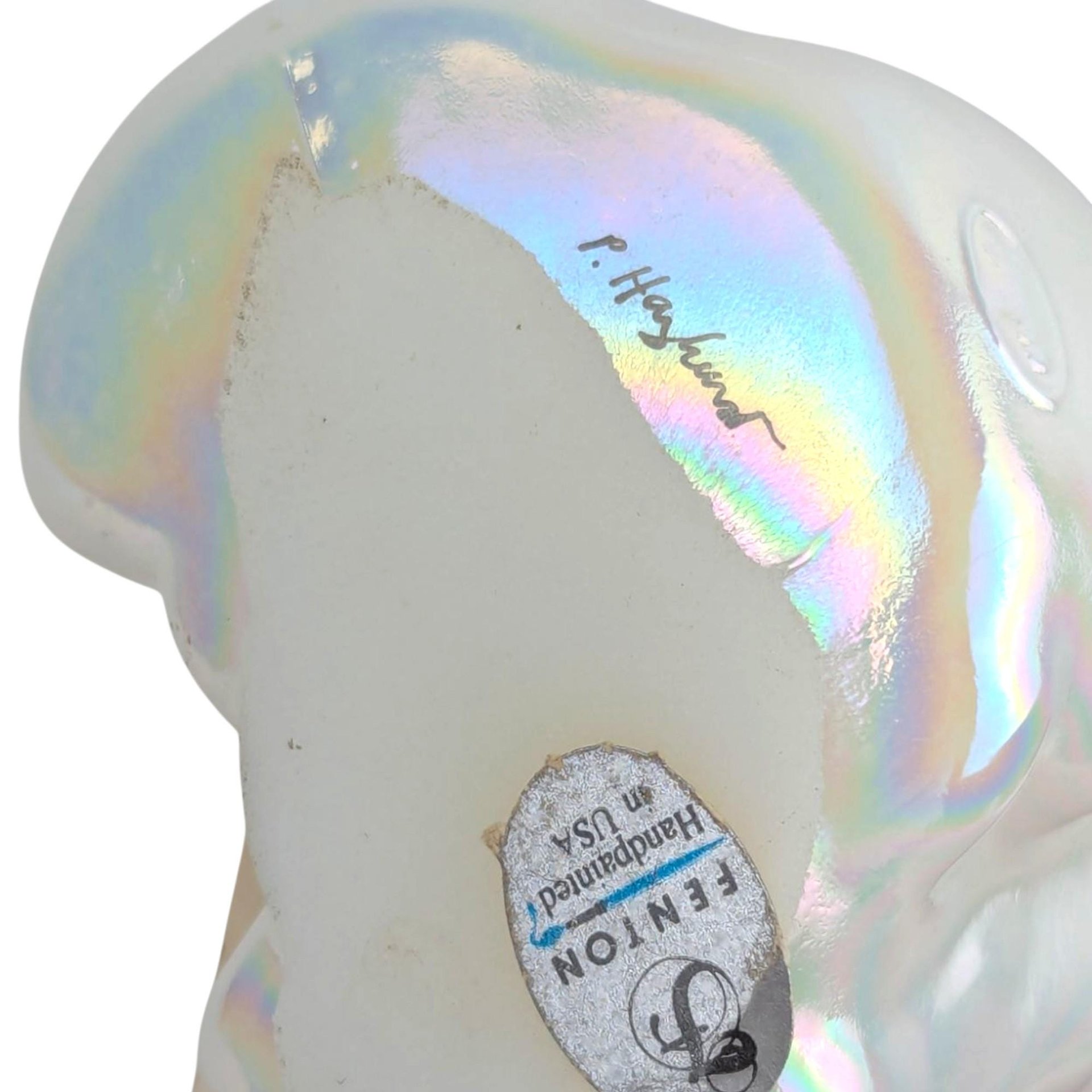 Vintage Signed Fenton December Opalecent Cat Figurine Blue Zircon Collar Collectible Glass Animal Lover Gift