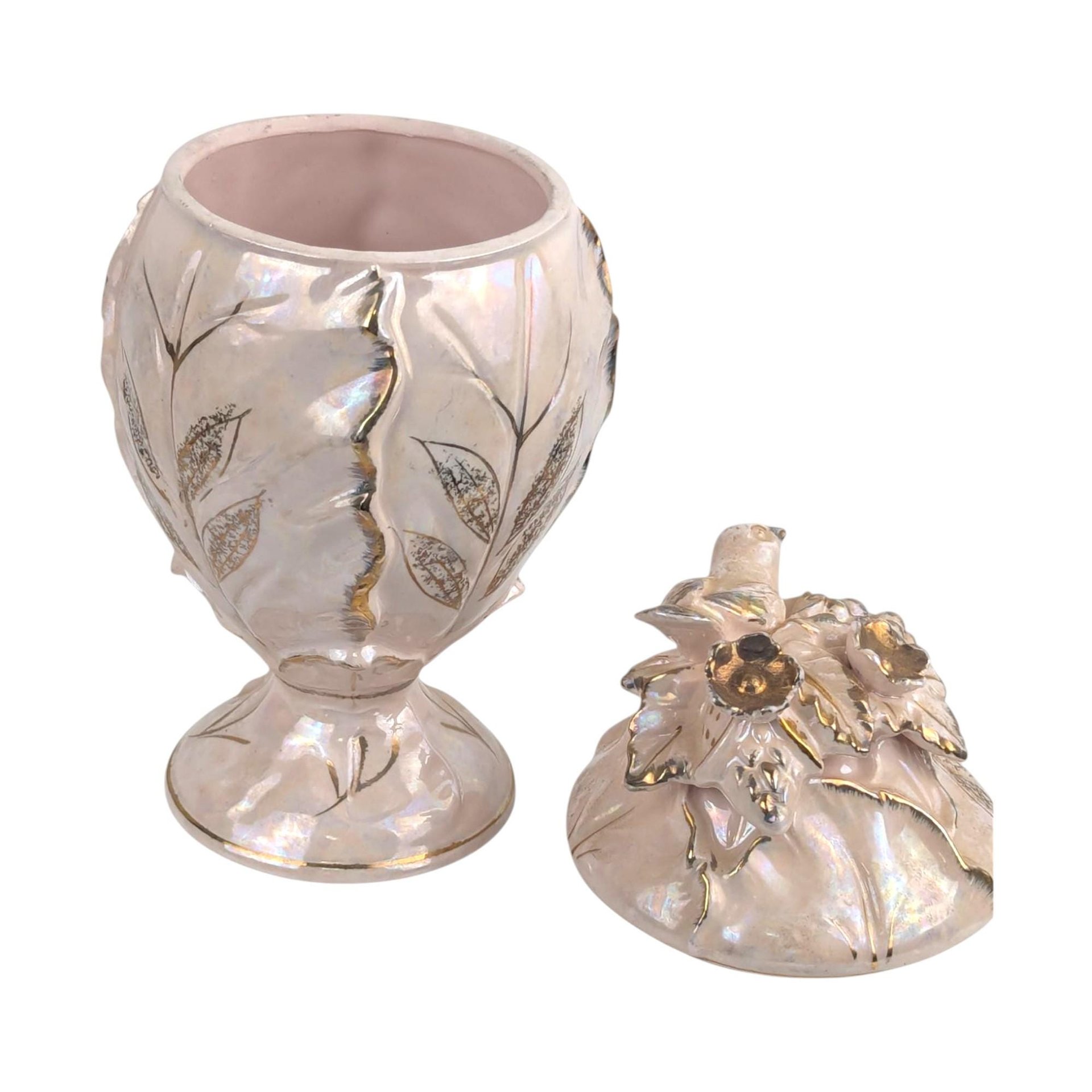 Vintage Pink Lusterware Compote Jar with Birds Gold Trim Decorative Ceramic Candy Dish Gift for Her