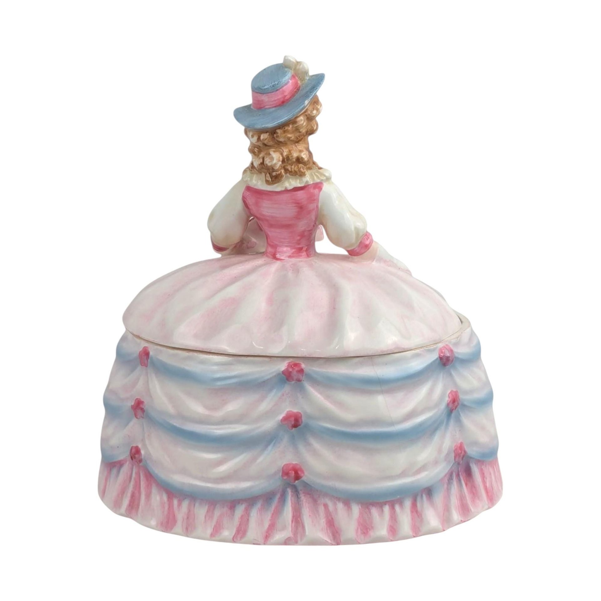 Vintage Andrea Lady Powder Box Pink Dress Ceramic Victorian Style Figurine Vanity Decor Gift for Her
