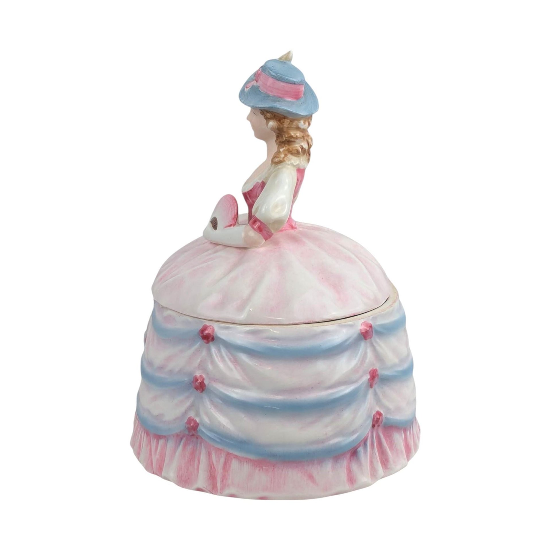Vintage Andrea Lady Powder Box Pink Dress Ceramic Victorian Style Figurine Vanity Decor Gift for Her