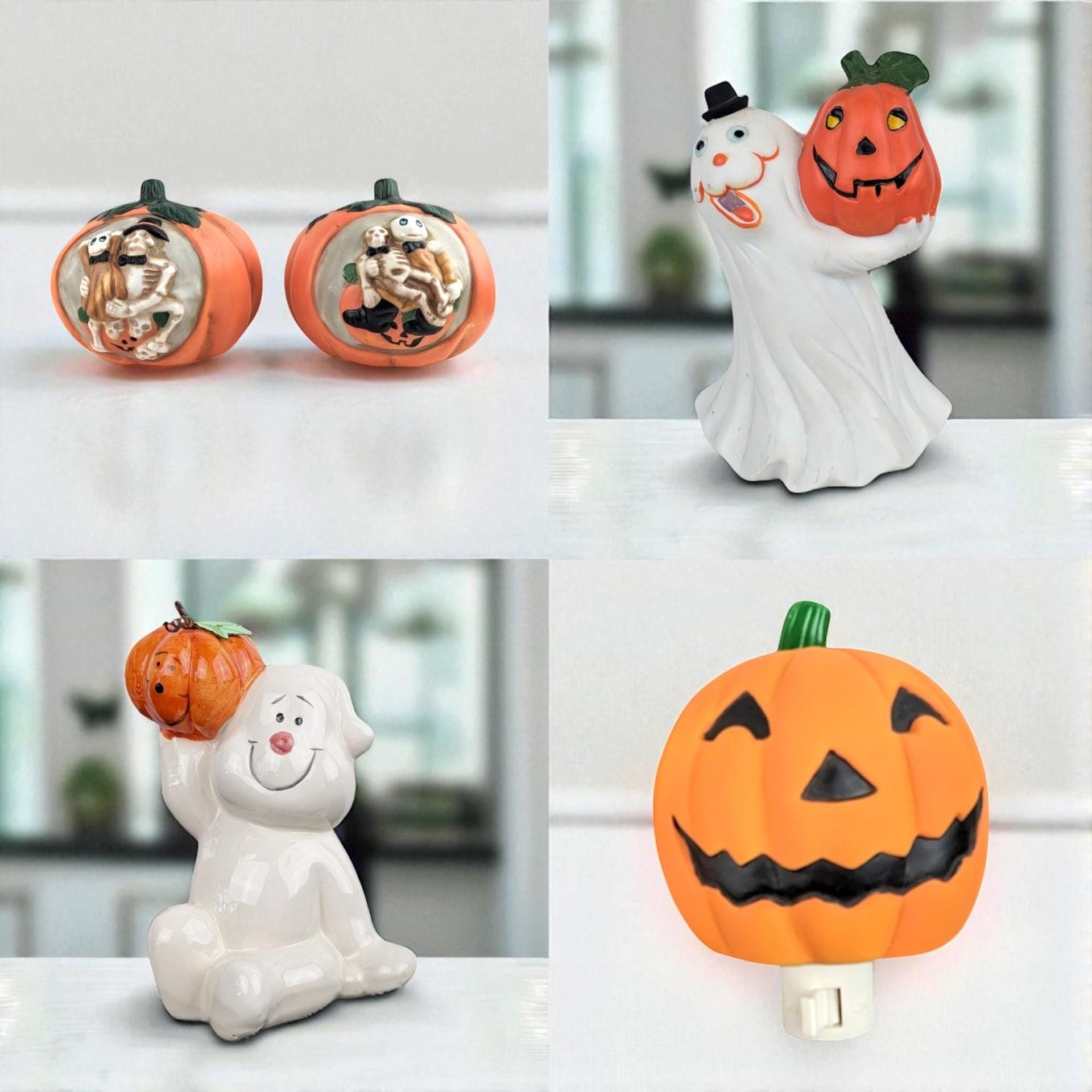 Vintage Ceramic Halloween Decor Lot - Ghost Figurines, Jack O' Lantern Nightlight, Tealight Holders - Spooky Home Decor, Halloween Gift
