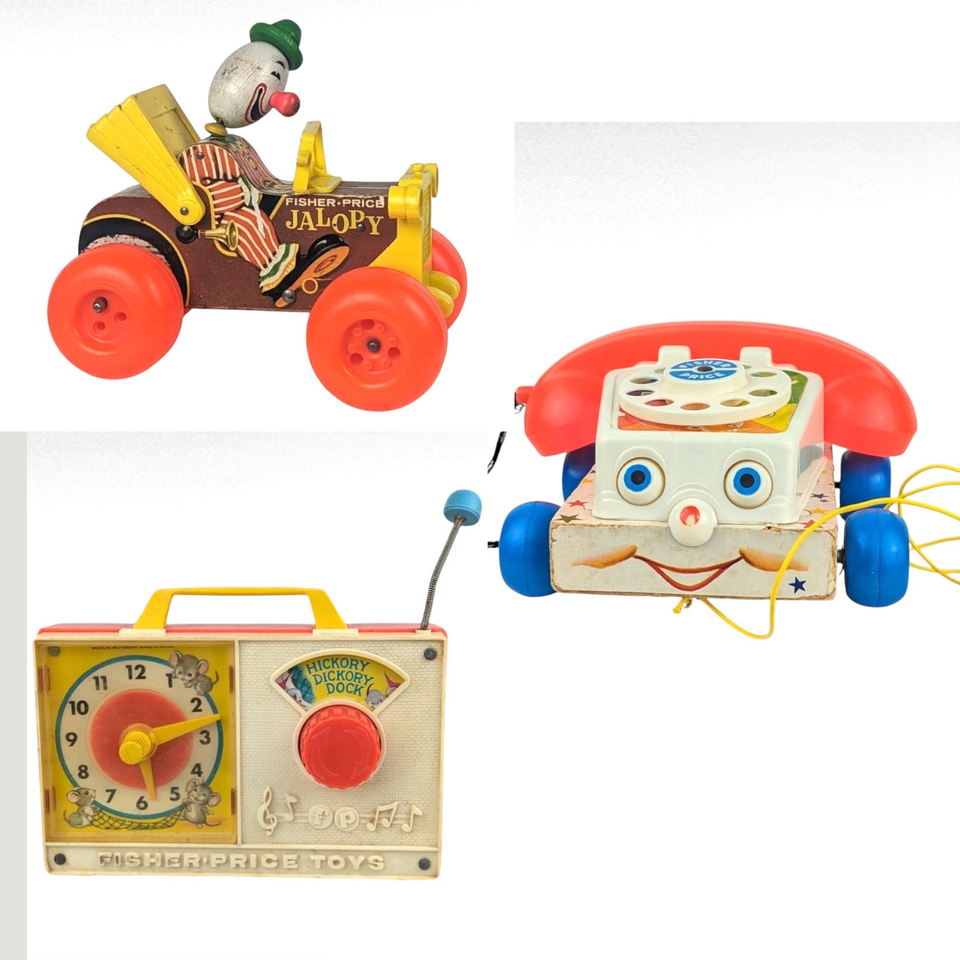 Vintage Fisher Price Toy Lot: Jalopy Pull Toy, Chatter Phone, Hickory Dickory Radio - Classic Toys, Retro Decor, Gift for Child, Collector