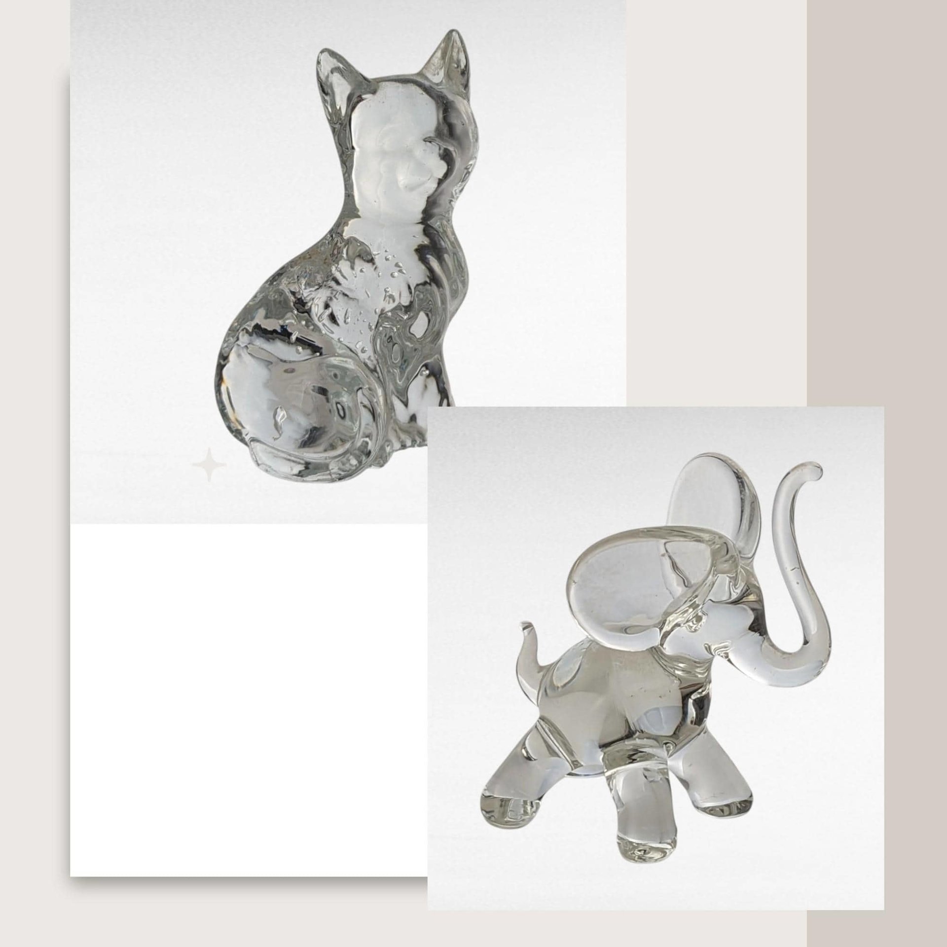 Vintage Glass Animal Figurines - Cat & Elephant Set - Clear Glass Decor, Collectible Glass, Animal Lover Gift