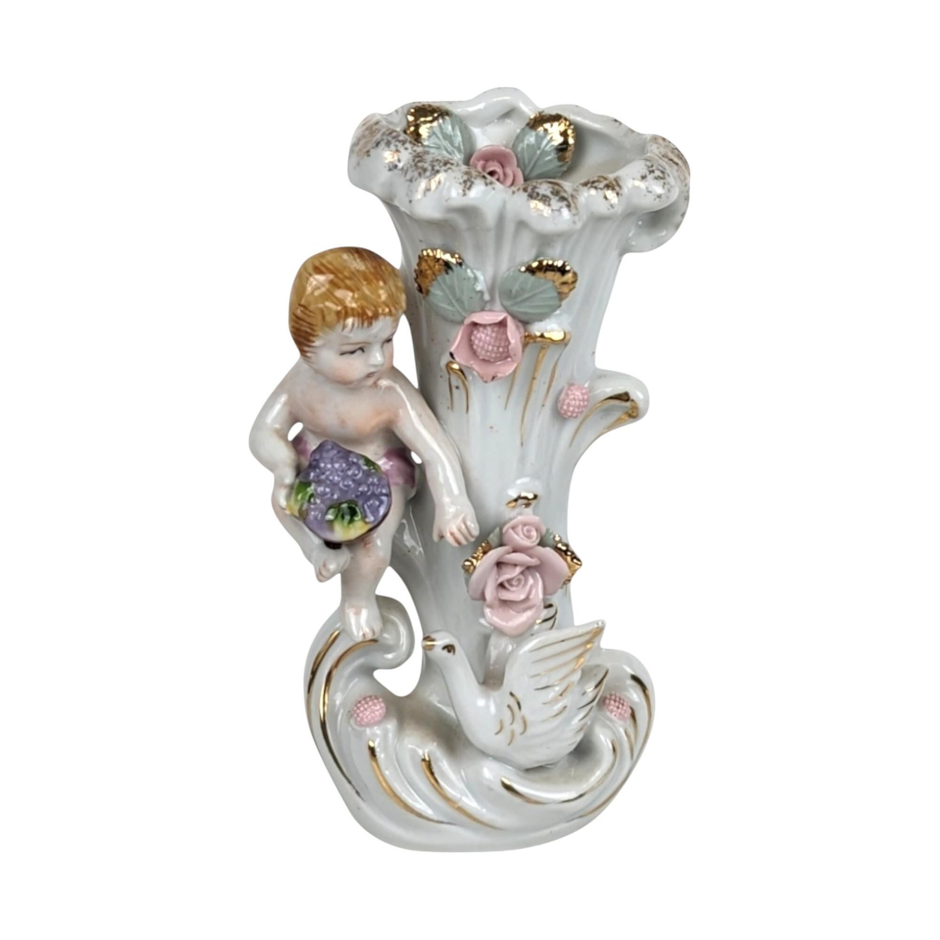 Vintage Ucagco Cherub Figural Bud Vase, Porcelain, Floral Decor, 6 Inches - Inspired by Camille Naudot, Dirty Interior, Small Vase