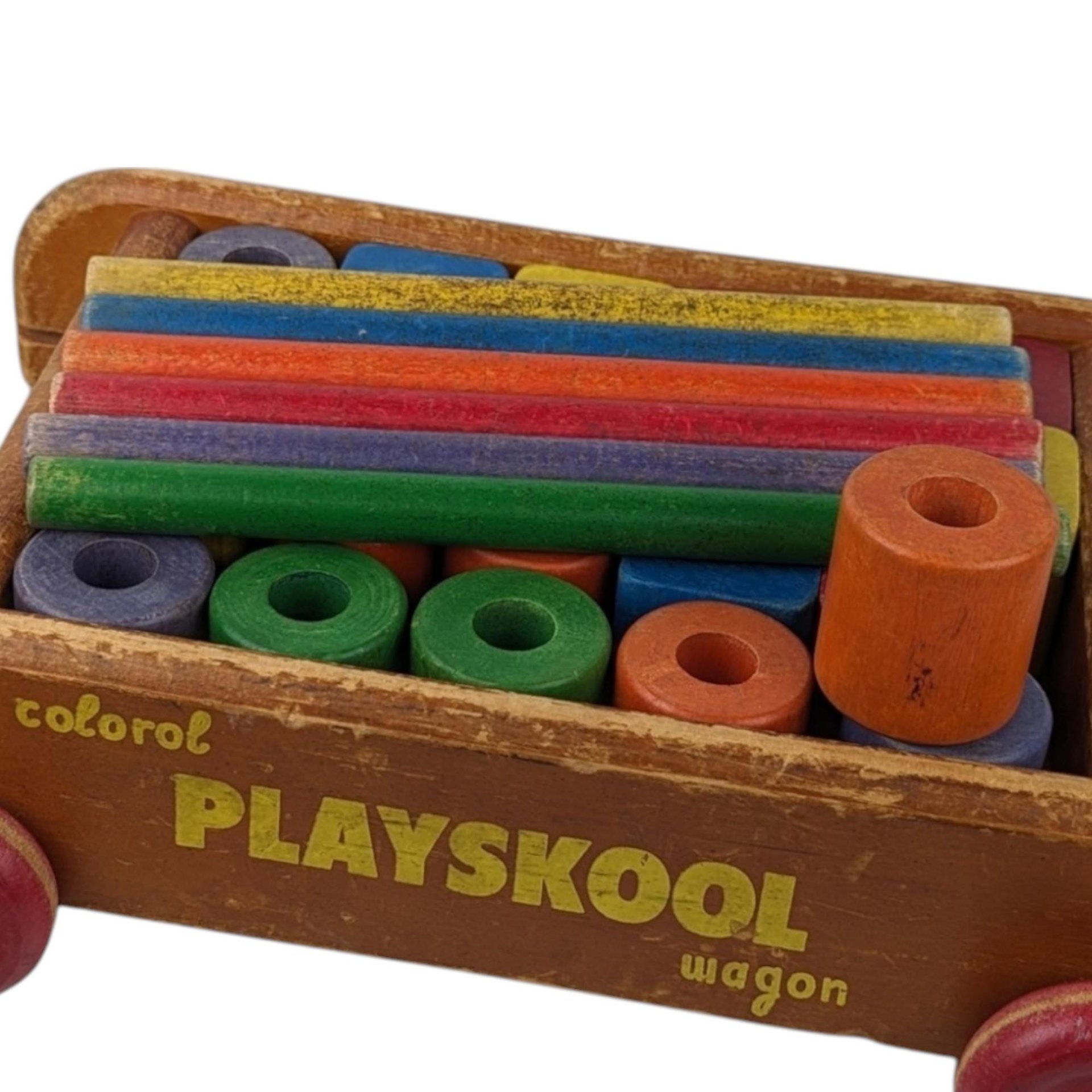 Vintage Playskool Colorol Wagon with Blocks | Wooden Pull Toy | Classic Toy | 1950s Toy | Educational Toy