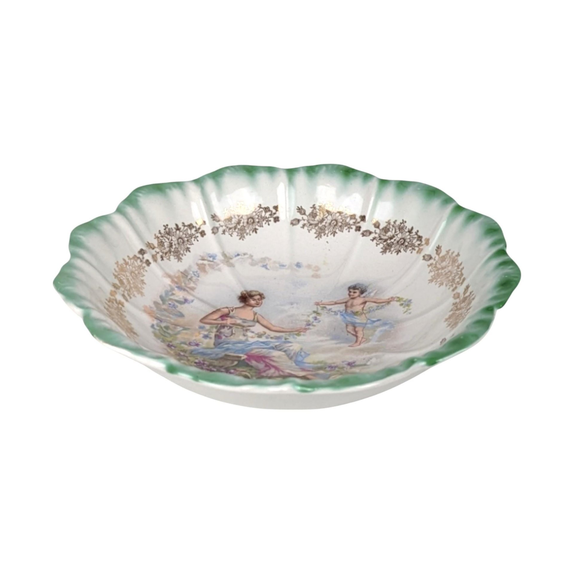 Vintage Dresden (Laurel Leaf Mark) Porcelain Bowl, Woman with Angel Motif, Green & Gold Trim, 9.25 Inches