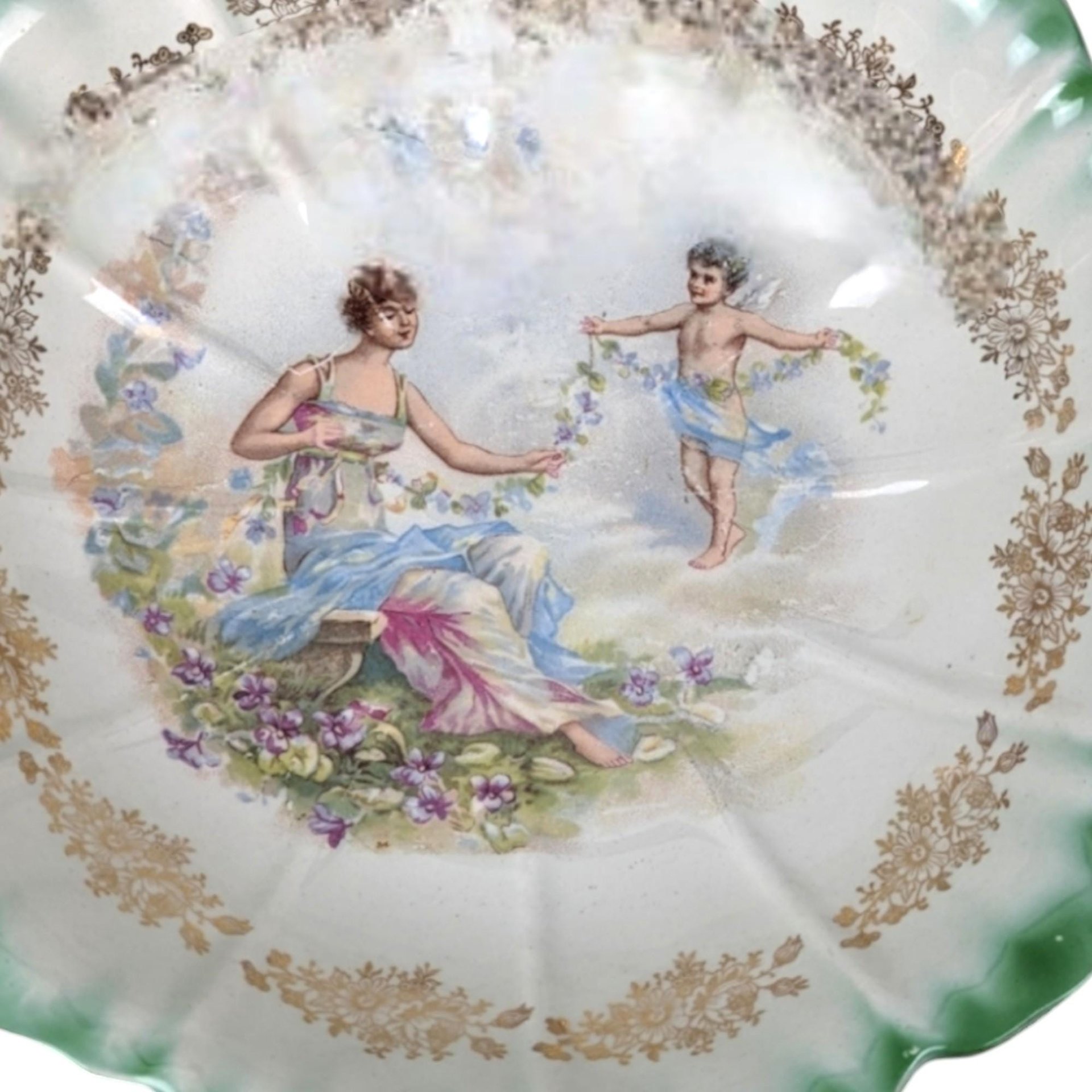 Vintage Dresden (Laurel Leaf Mark) Porcelain Bowl, Woman with Angel Motif, Green & Gold Trim, 9.25 Inches