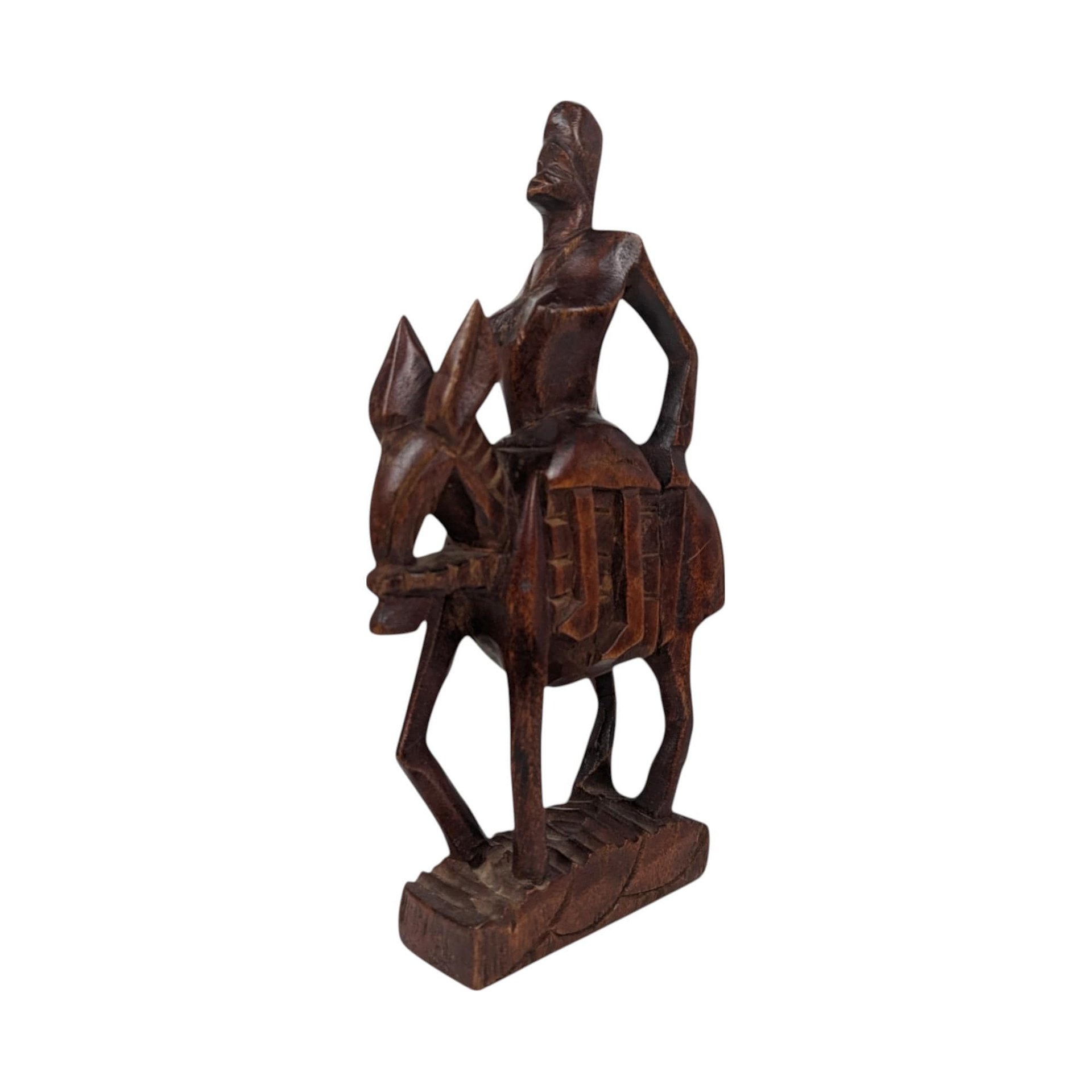 Vintage Hand Carved Wooden Figurines, Tribal Art Decor, African Woman on Horse, Man with Pole, Collectible Wood Carvings