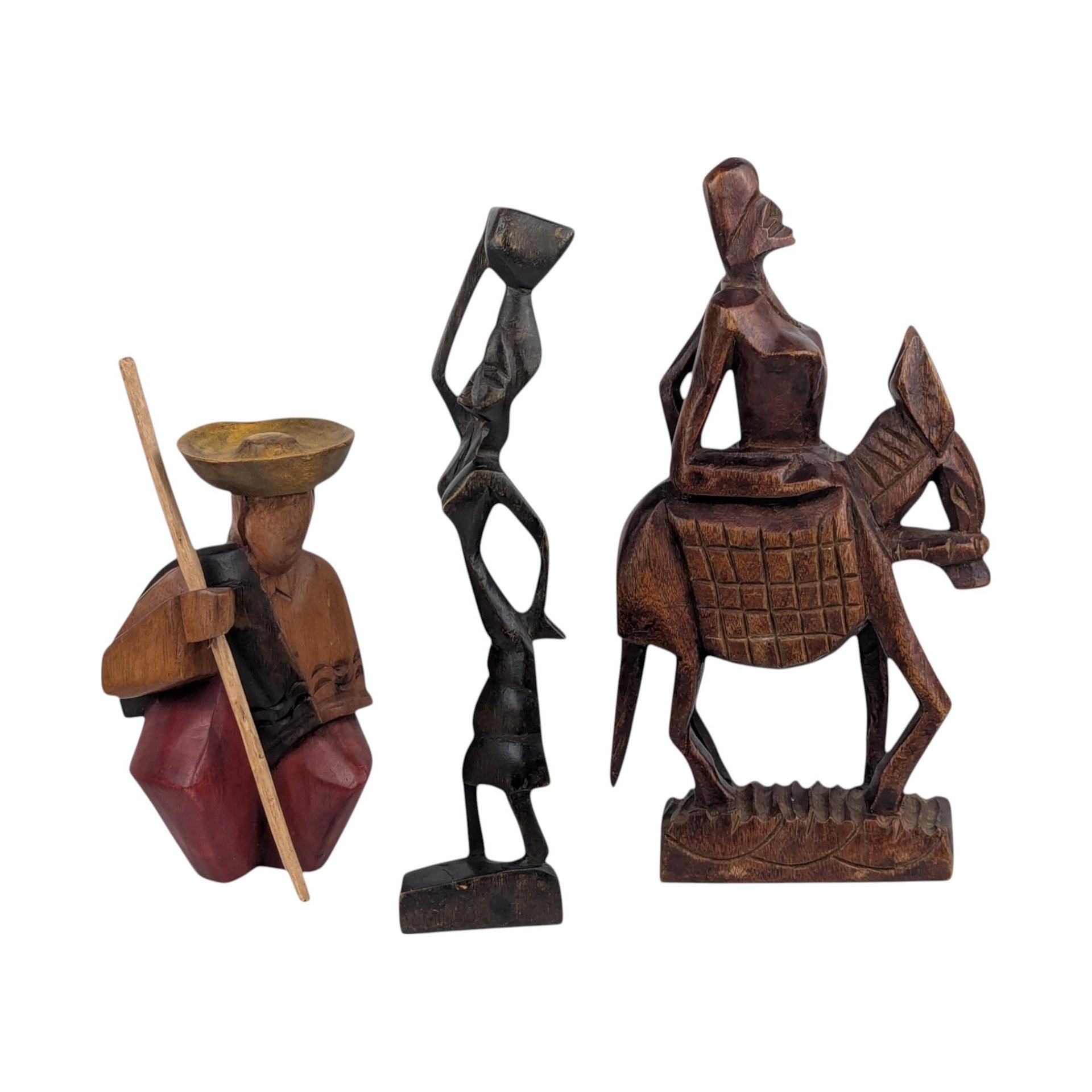 Vintage Hand Carved Wooden Figurines, Tribal Art Decor, African Woman on Horse, Man with Pole, Collectible Wood Carvings