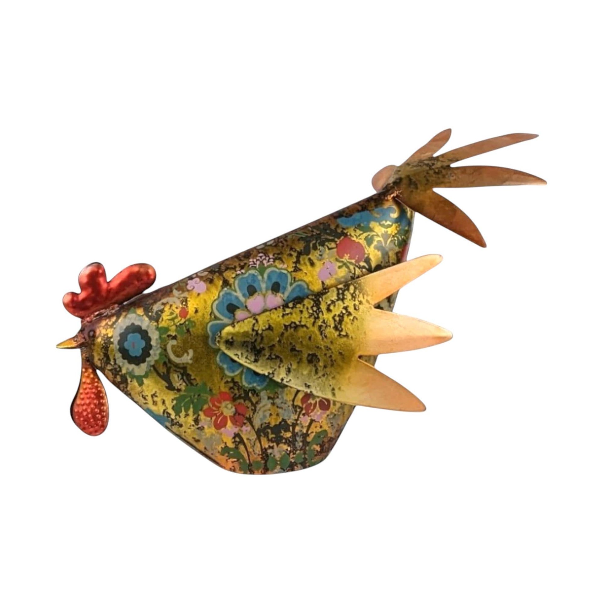 Vintage Floral Metal Rooster Figurine: Farmhouse Kitchen Decor