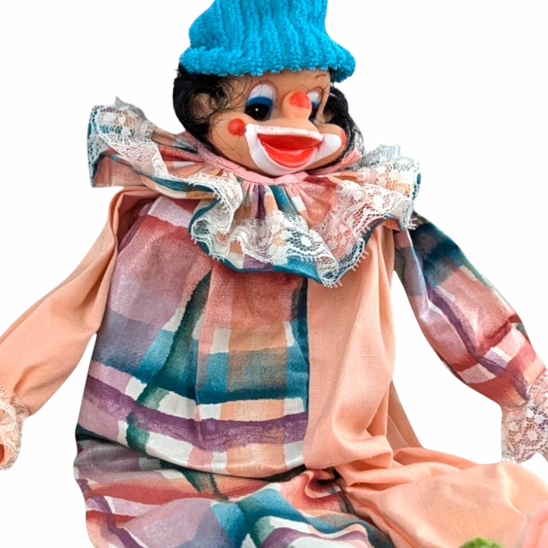 Vintage Handmade Wood Block Clown Doll, Plaid and Pink Outfit, Collectible Toy, Unique Gift