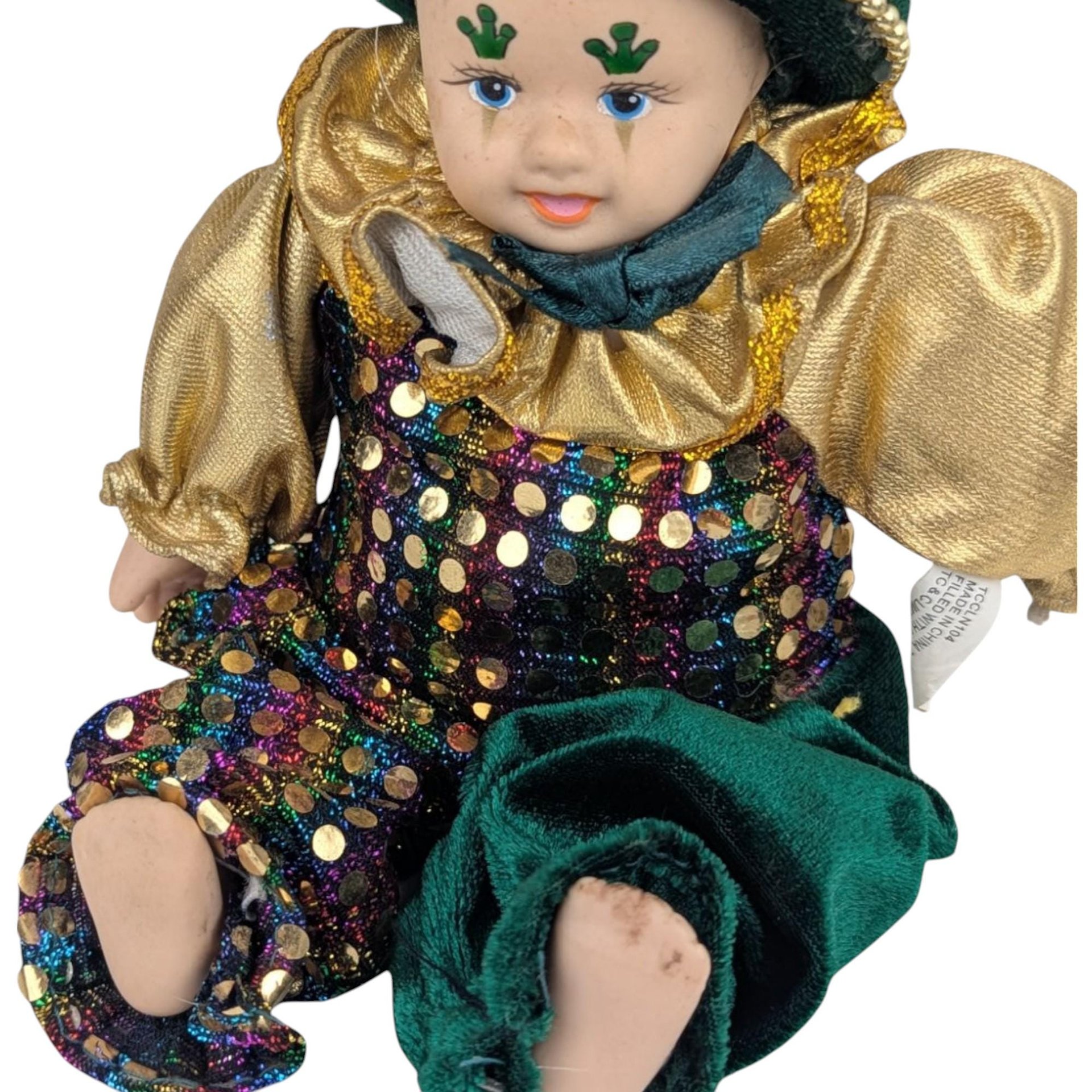 Vintage Little Irish Jester Doll, Porcelain Head Hands Feet, 9.25 Inch Height, Collectible Irish Decor, Whimsical Shelf Display