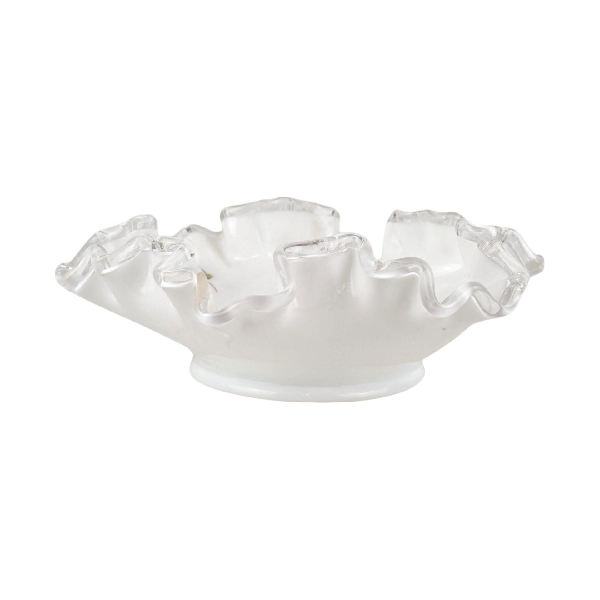 Vintage Fenton Violets in the Snow Milk Glass Dish | Ruffled Candy Dish | Trinket Dish | Collectible Glassware