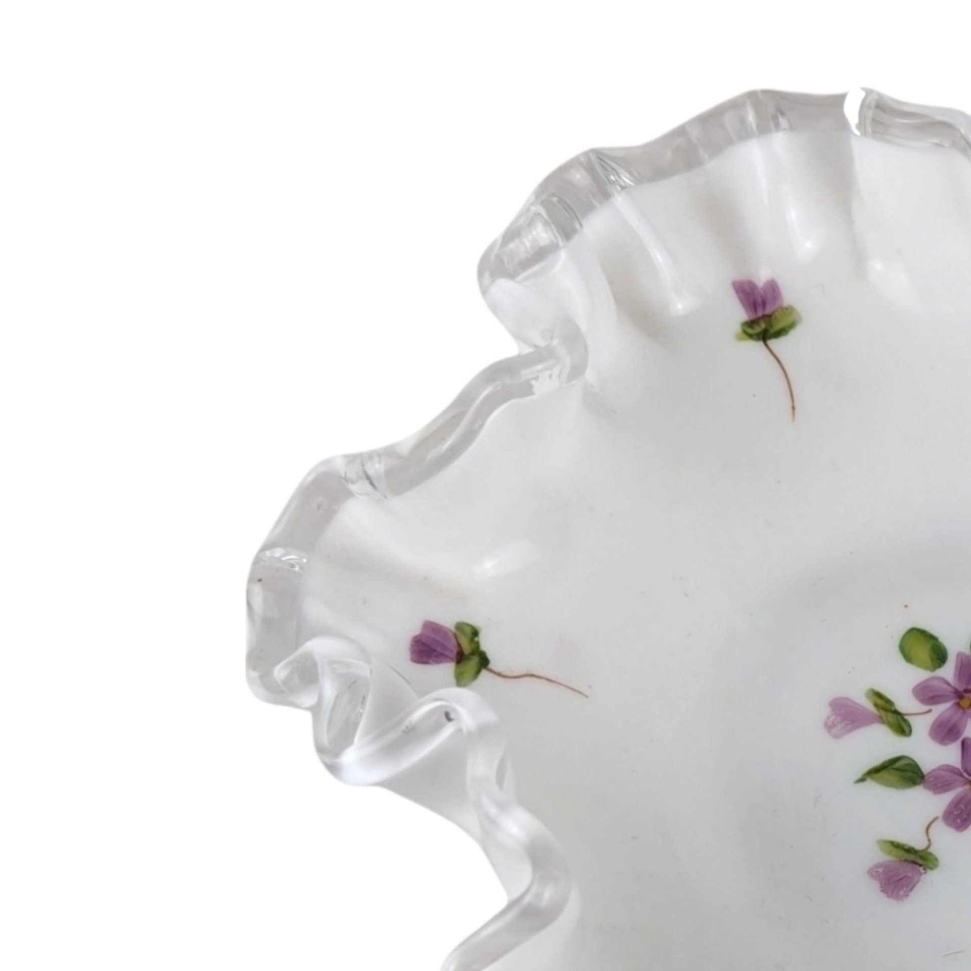 Vintage Fenton Violets in the Snow Milk Glass Dish | Ruffled Candy Dish | Trinket Dish | Collectible Glassware